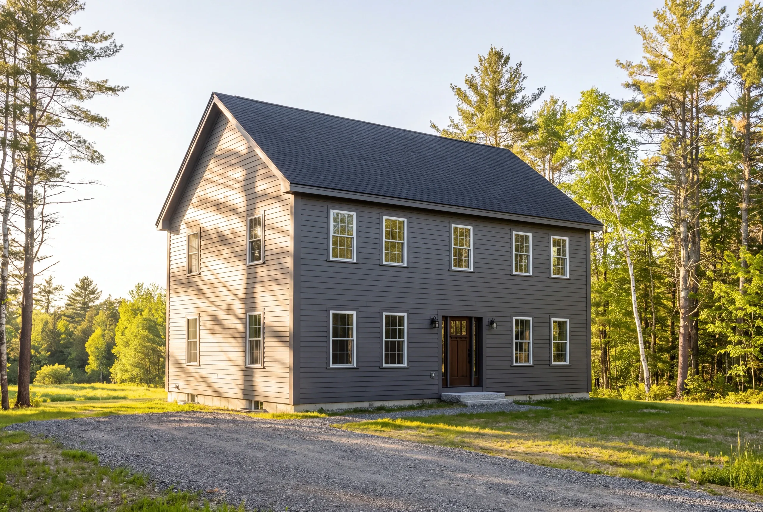 Siding contractor Pittston Maine: side-gable colonial in charcoal-brown lap siding with a taupe gable end beside a meadow