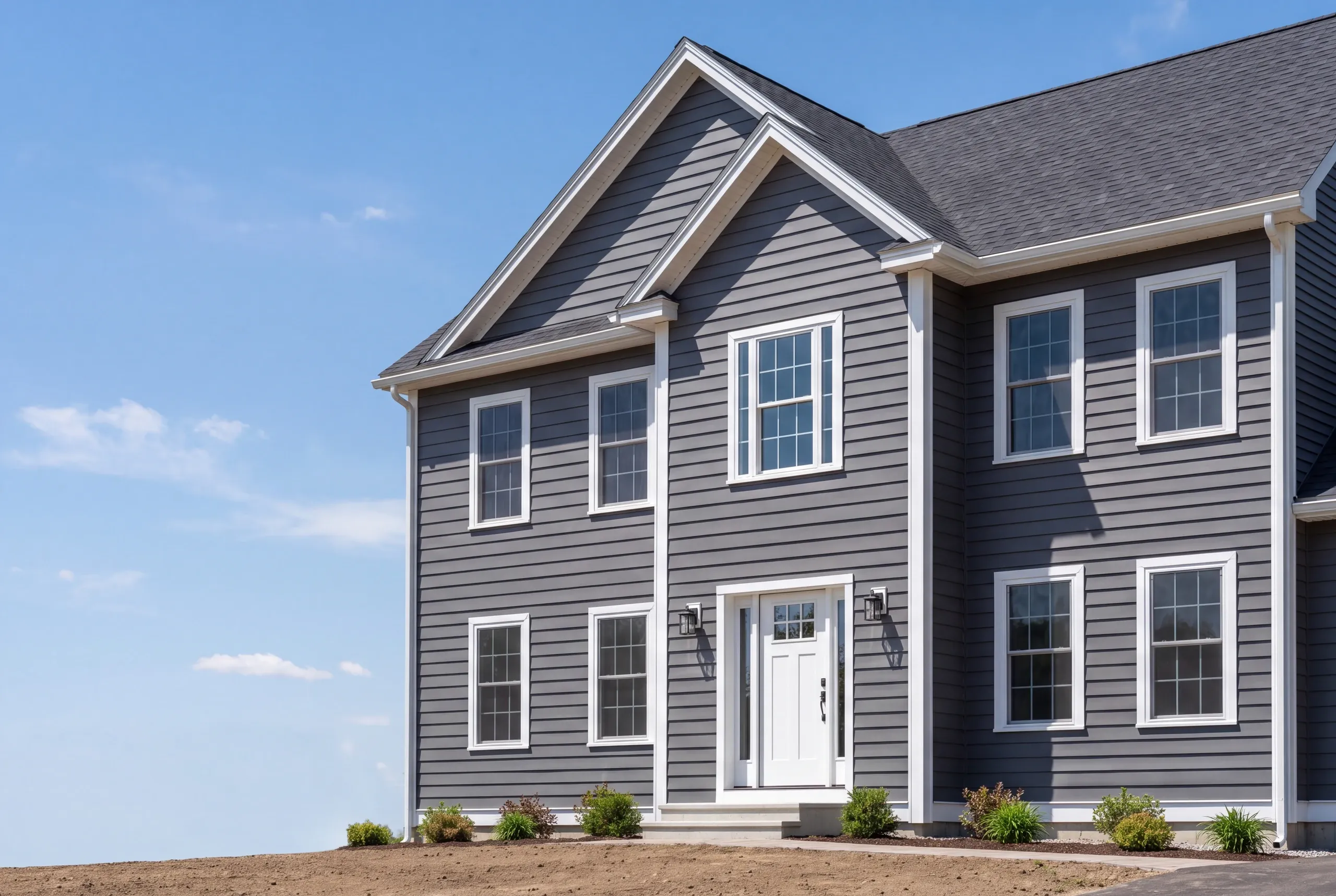 Siding installer Pittston Maine: slate gray lap-sided colonial with nested front gables, white door and lanterns