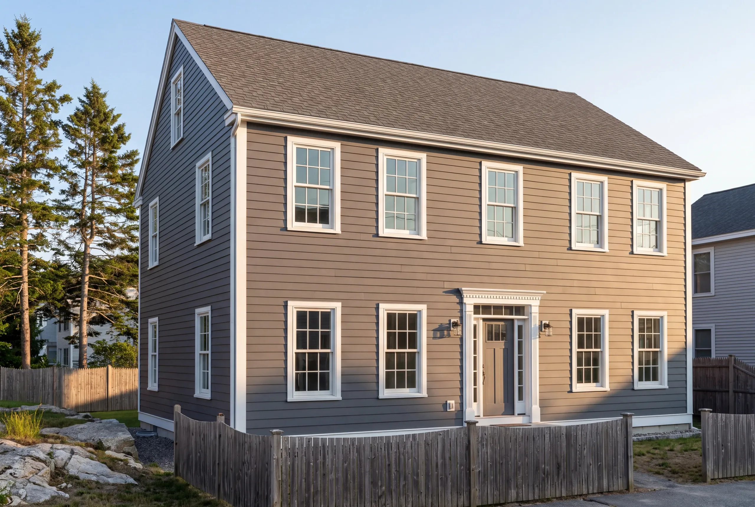 Siding contractor in Rockland, ME: side-gable colonial in taupe-gray lap siding with a dentil door head behind a picket fence