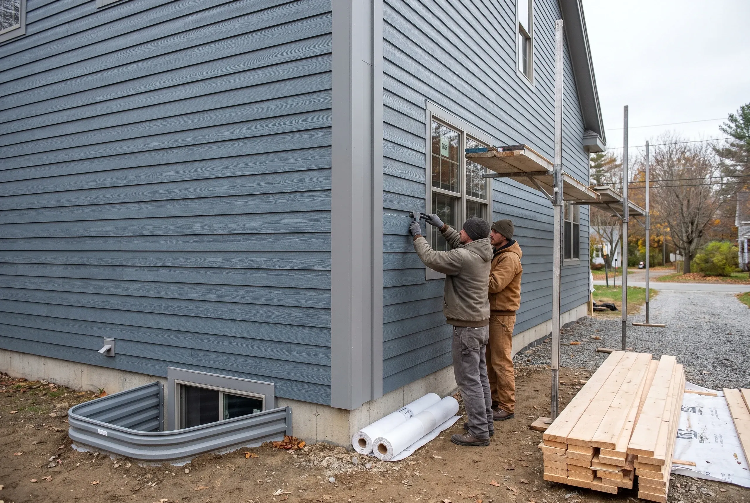 Siding installer Rockland Maine: two installers nailing blue-gray lap siding on a two-story corner beside a steel egress window well