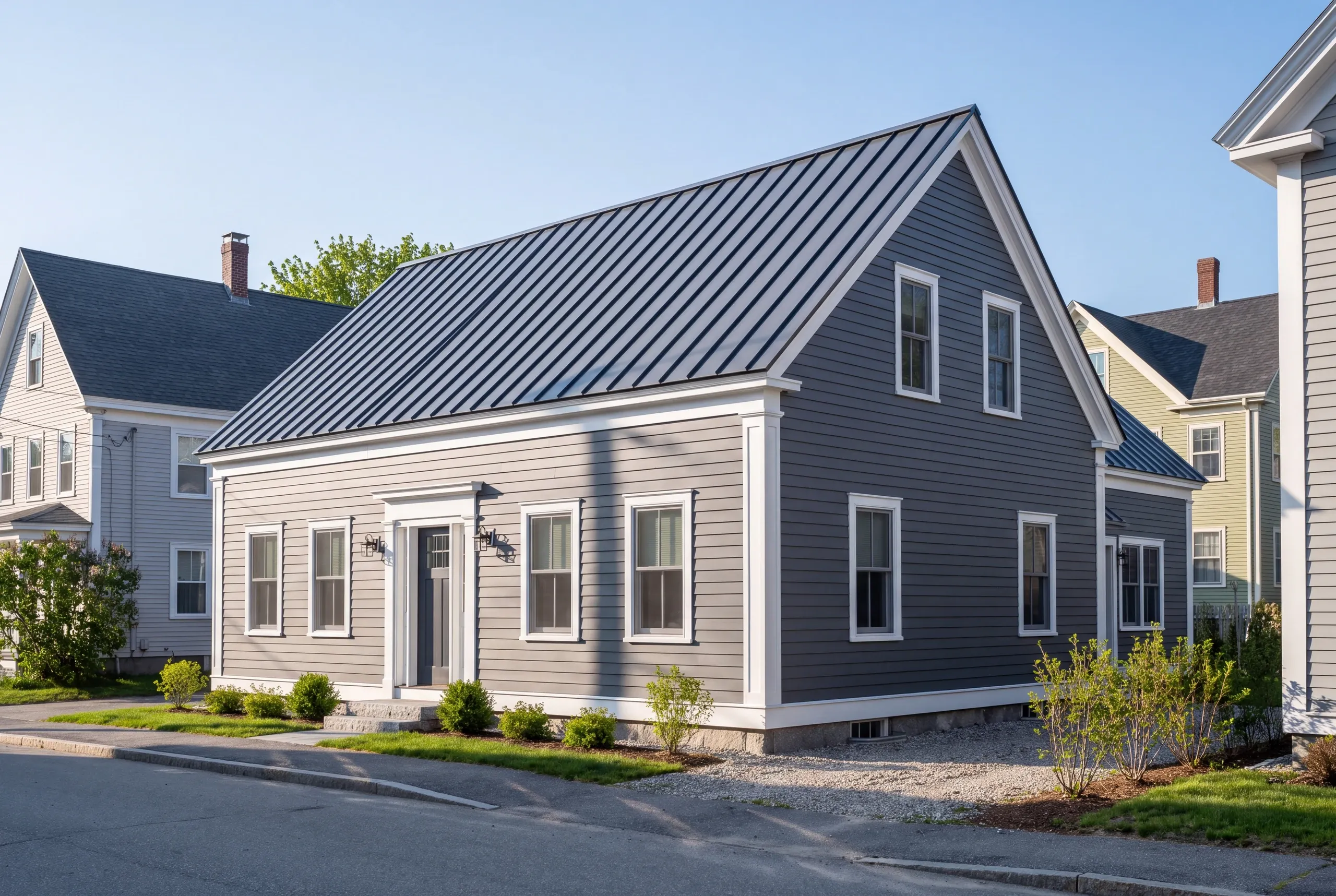 Exterior siding contractor Rockland Maine: village cape in gray lap siding with white corner pilasters and a charcoal standing seam roof