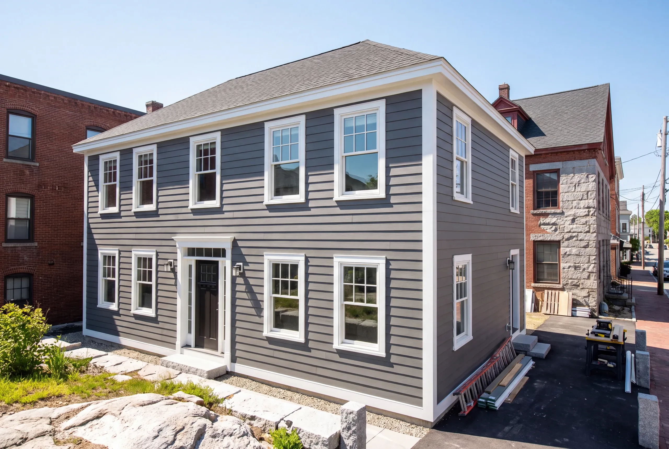 Siding contractor Rockland Maine: gray lap-sided two-story house on a tight town lot between brick buildings, a saw stand beside it
