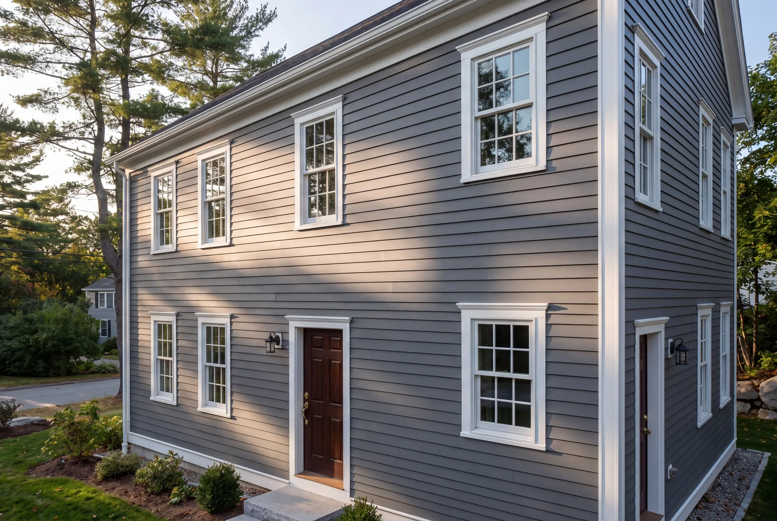 Siding installer Rockland Maine: corner of a two-story house in gray lap siding with white trim and a dark red six-panel door