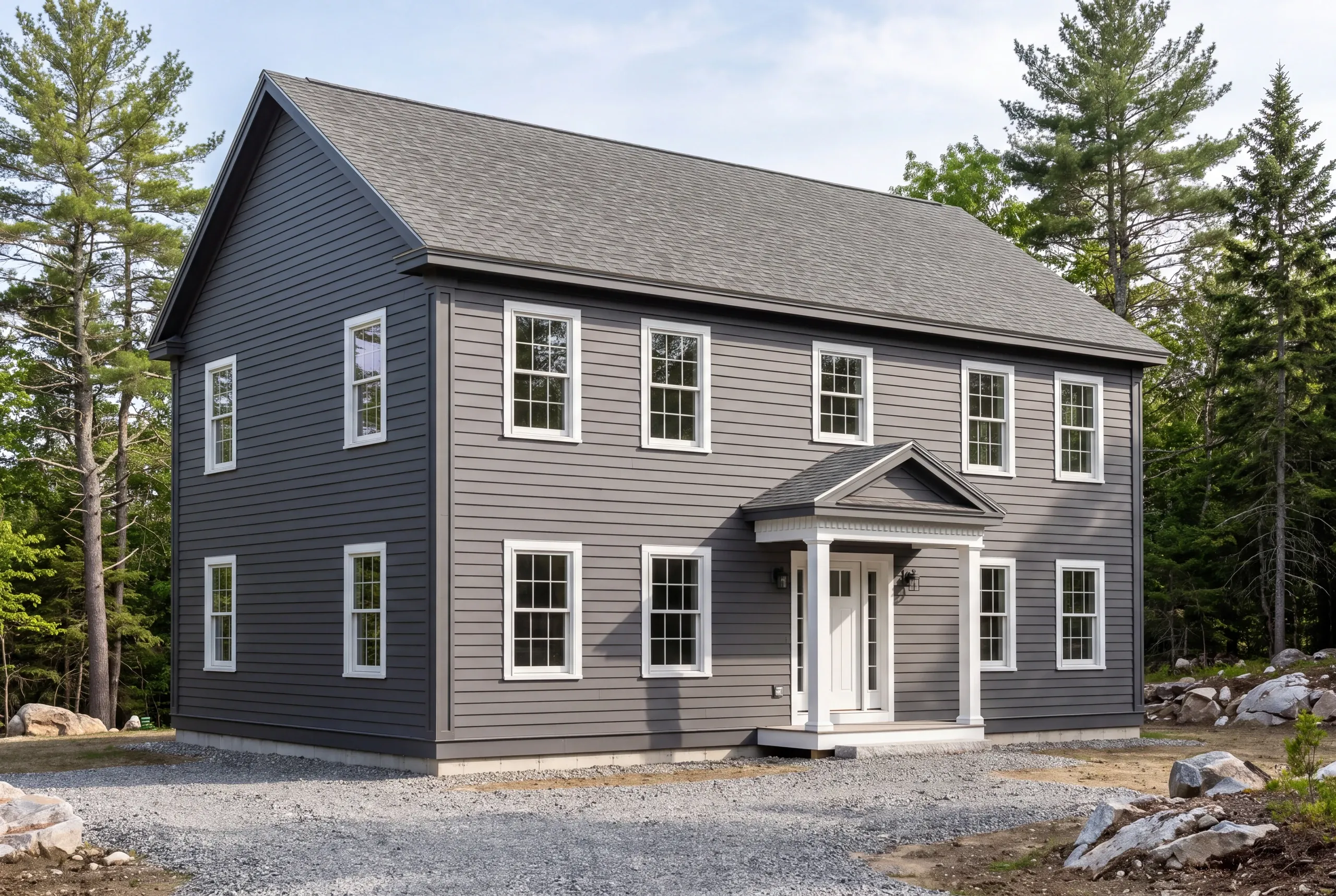 Siding contractor in Rockport, ME: gray lap-sided colonial with a pedimented portico on a raw gravel lot strewn with boulders
