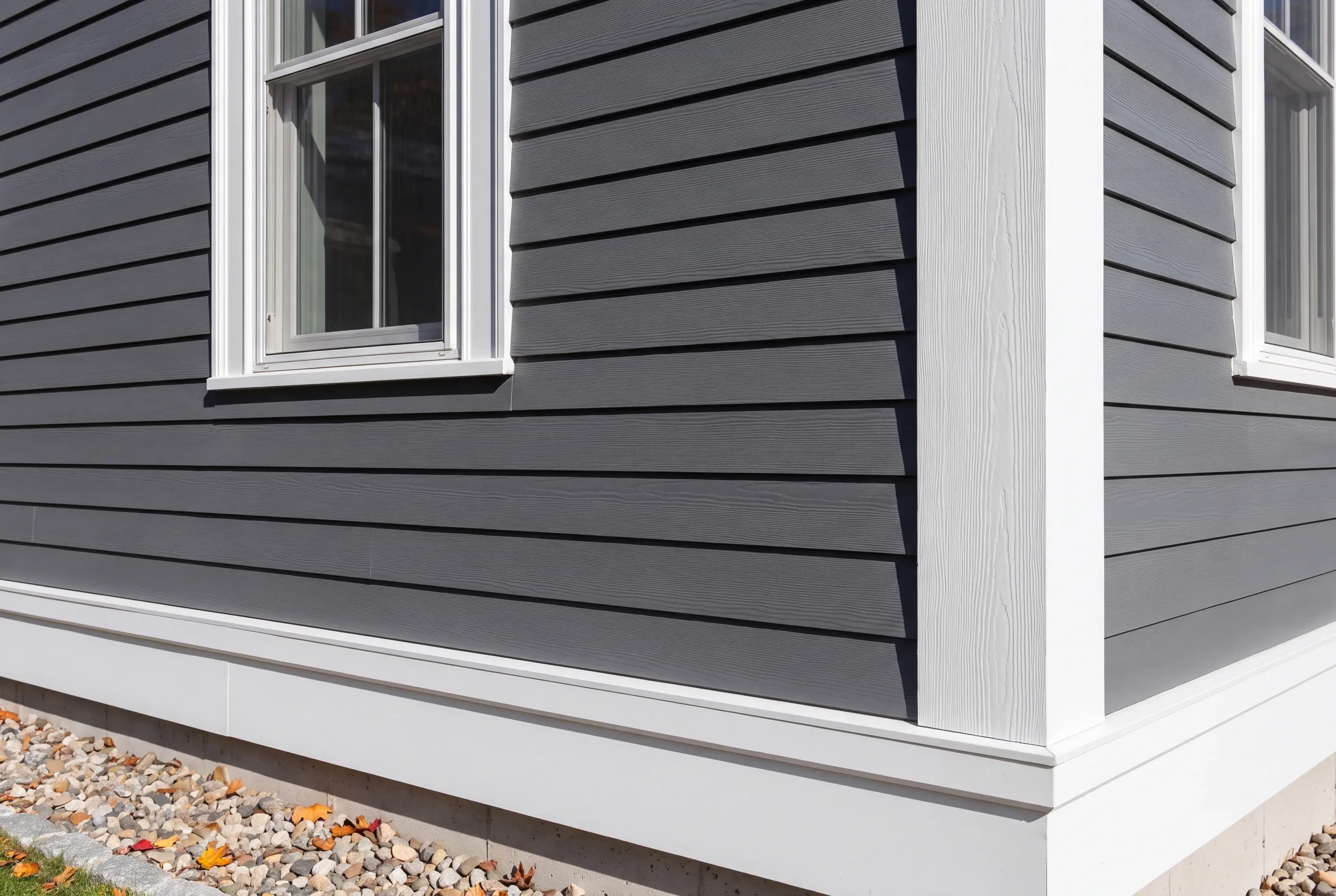Siding installer Rockport Maine: close view of gray wood-grain lap siding over a white water table and wide corner board