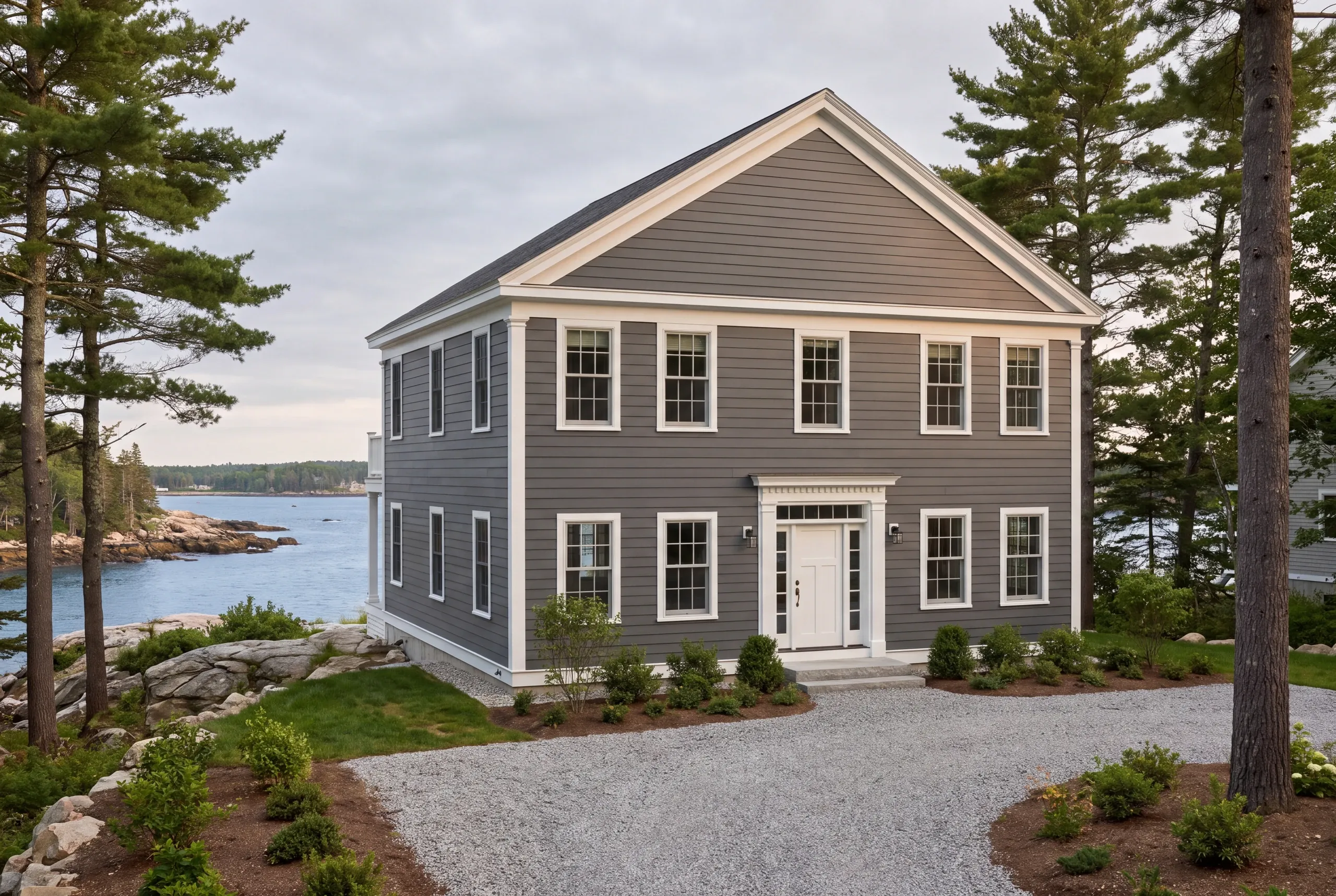 Exterior siding contractor Rockport Maine: gray lap-sided two-story house with a white pediment gable above a rocky harbor shoreline