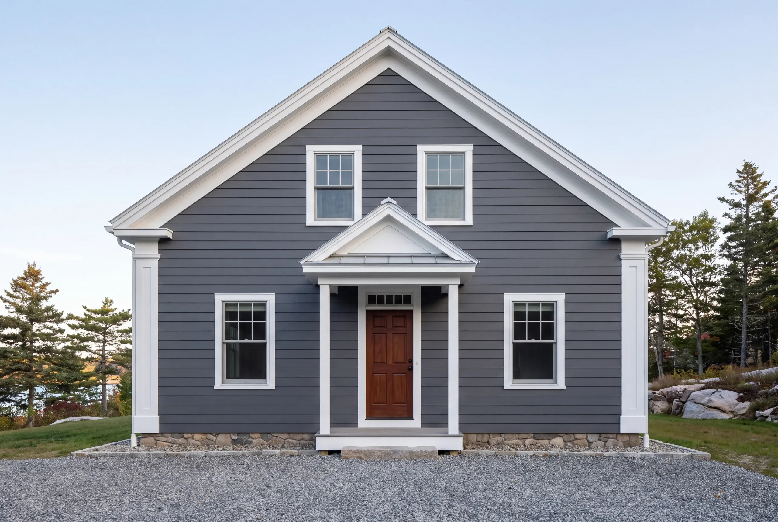 Siding contractor Rockport Maine: gable front of a gray lap-sided house with wide white rake trim, corner pilasters and a stone base