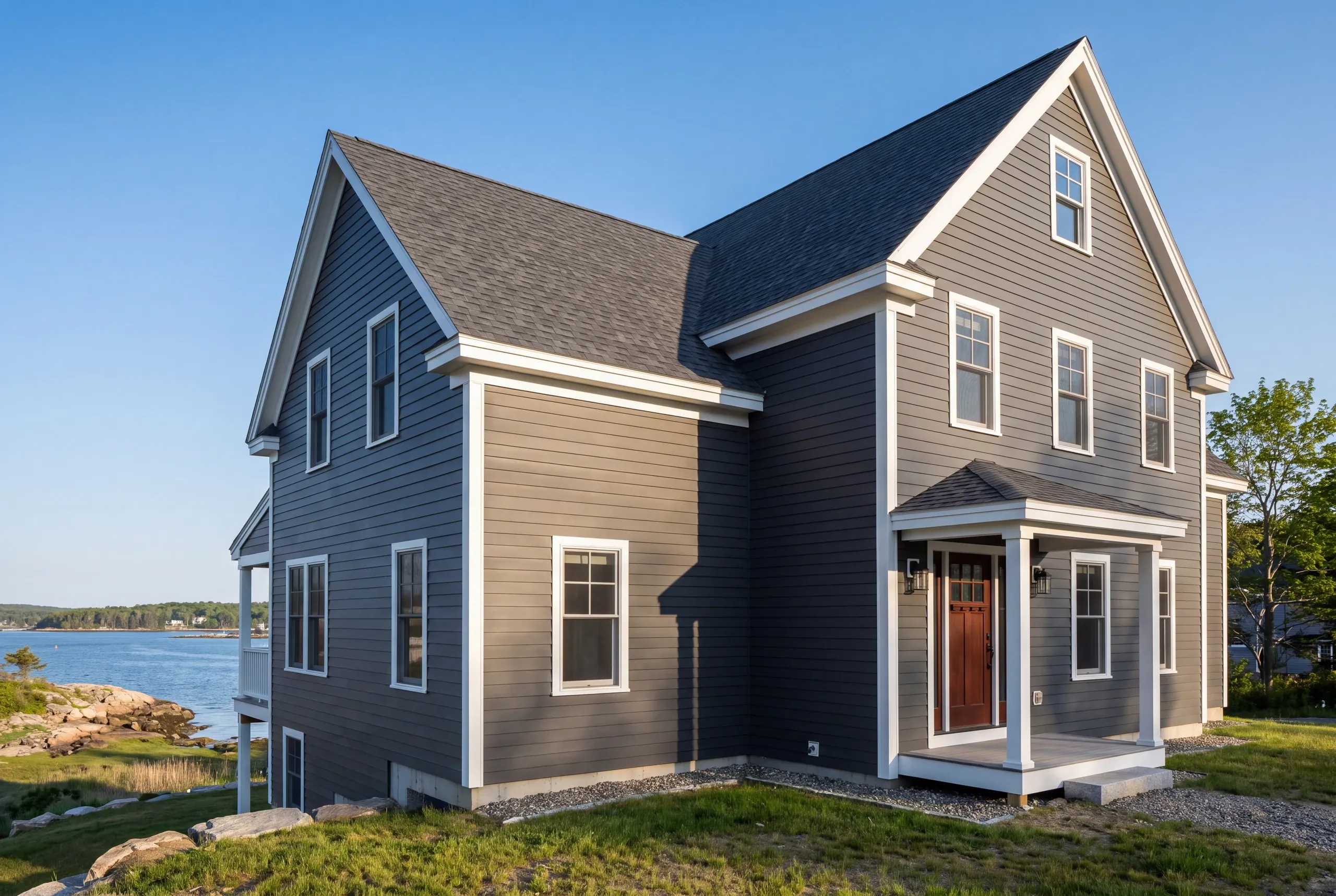Siding installer Rockport Maine: gray lap-sided house with a covered red-door entry on a rocky point above open water