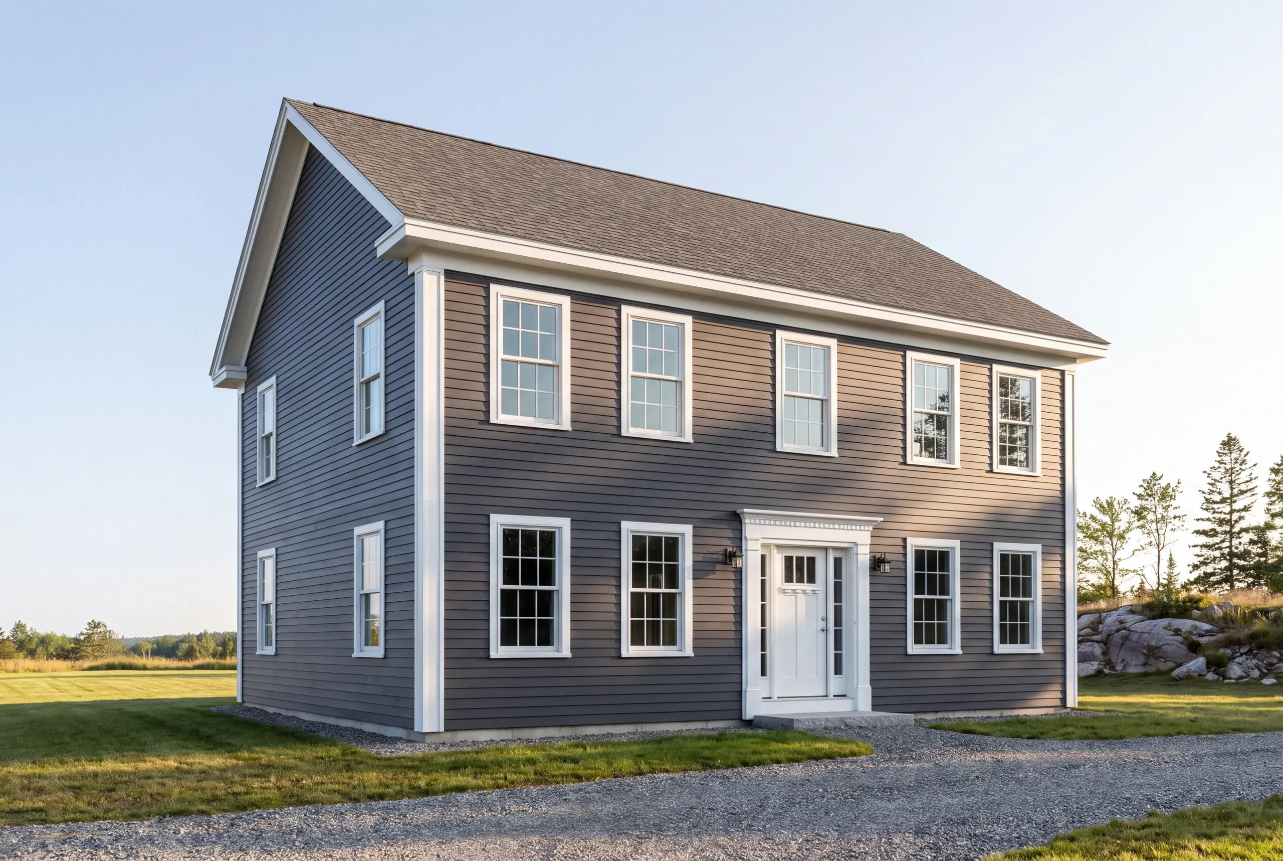 Exterior siding contractor Rockport Maine: two-story colonial in gray lap siding with a white door and sidelights beside an open field