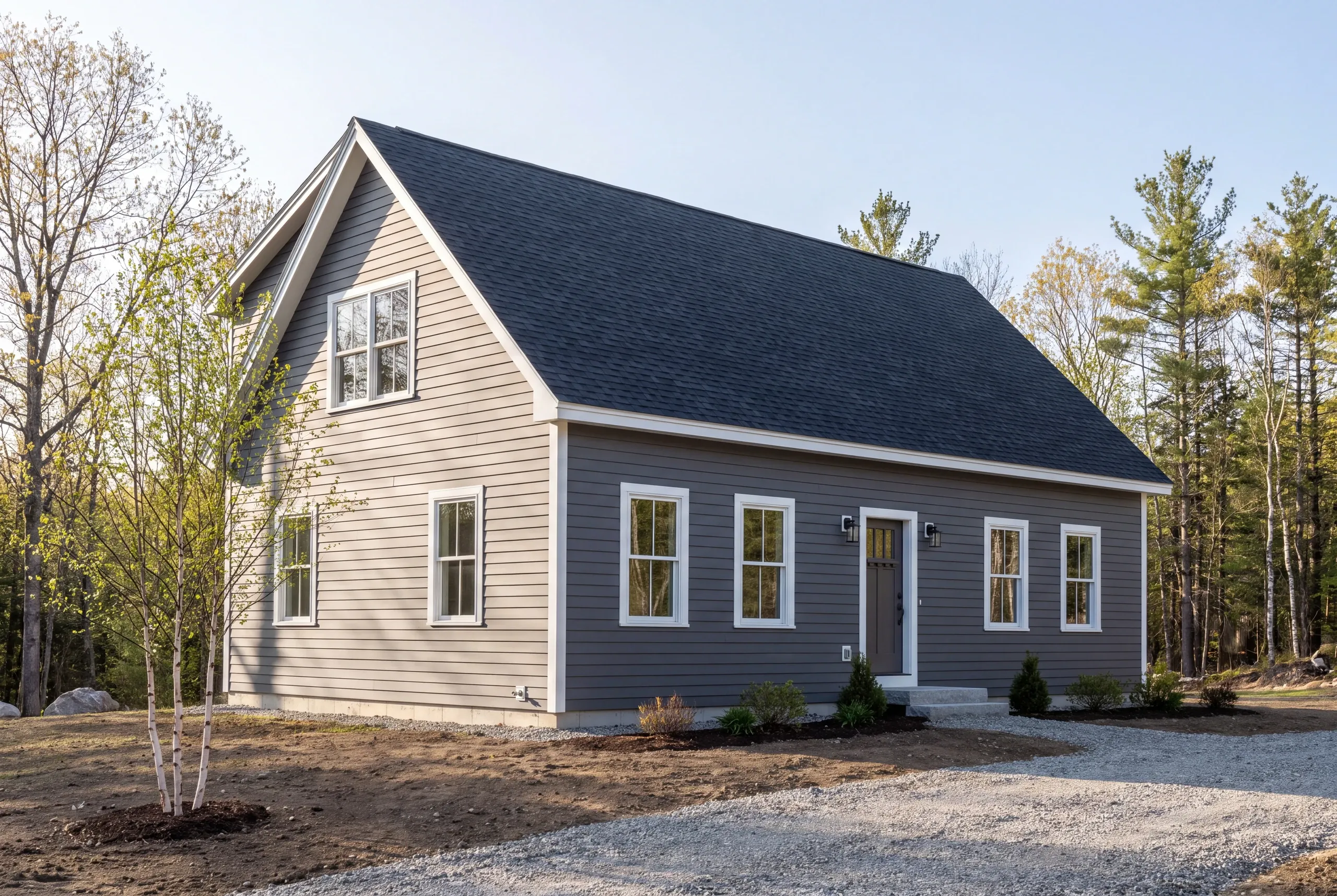 Siding contractor in Searsmont, ME: cape in gray lap siding with a dark shingle roof, young birch clump and a fresh soil yard