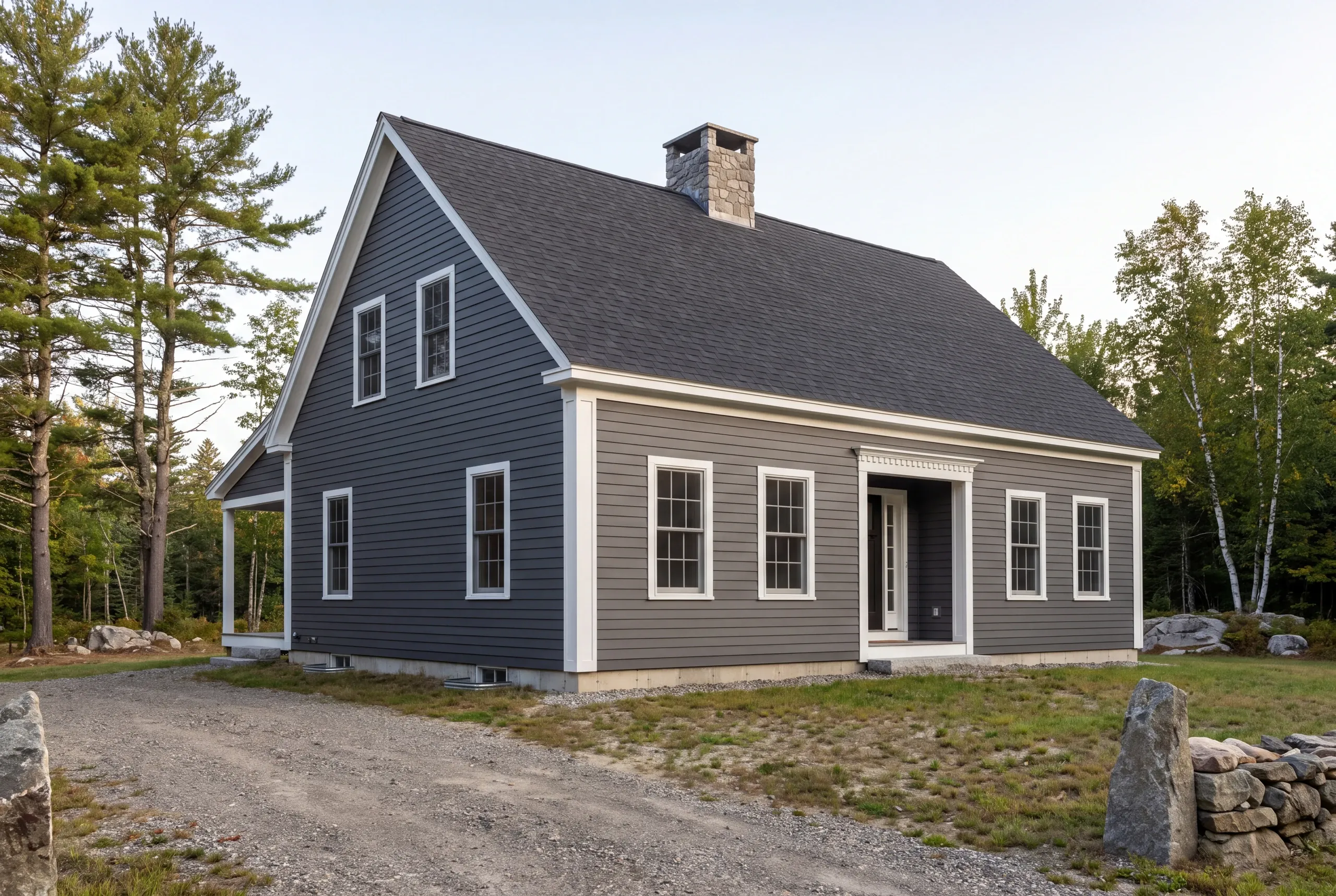 Exterior siding contractor Searsmont Maine: gray lap-sided cape with a stone chimney, recessed entry and side porch behind a stone wall