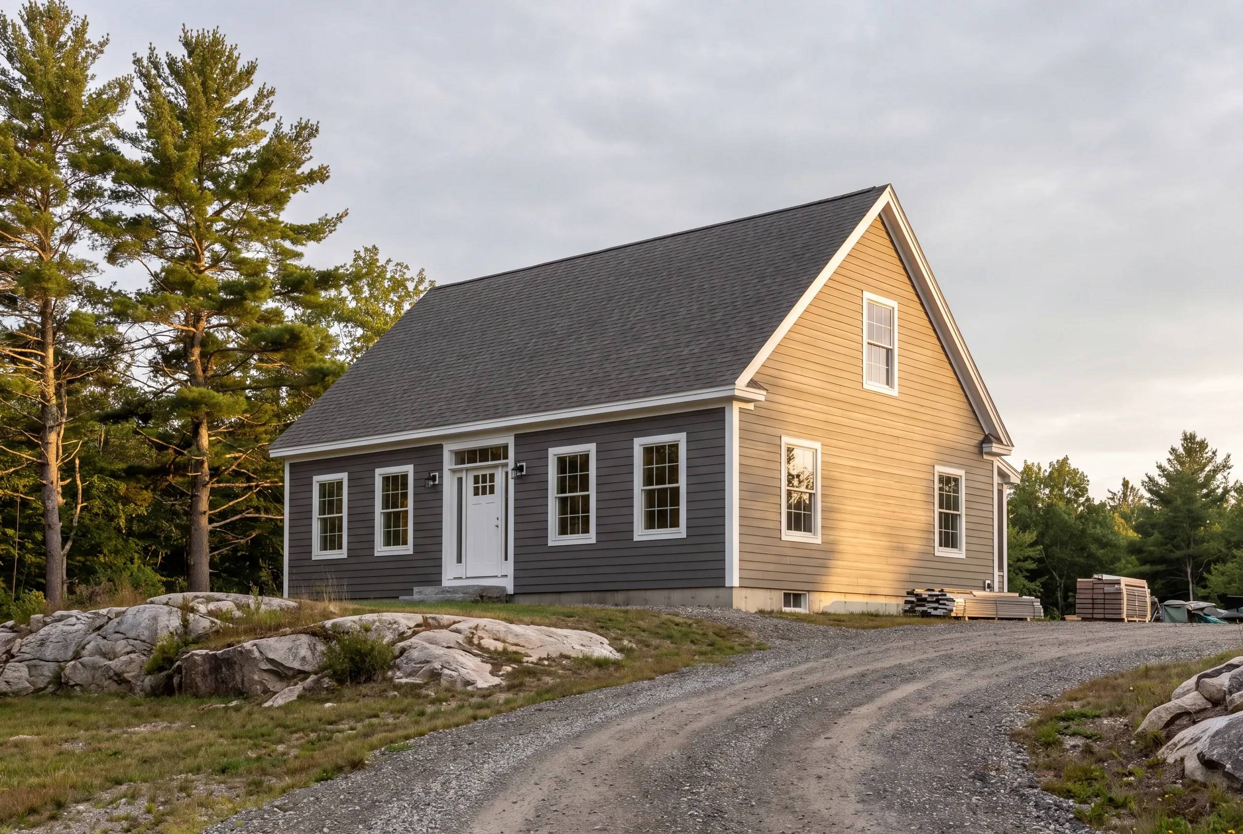 Siding contractor Searsmont Maine: gray lap-sided cape at the end of a long gravel drive with pallets of material by the wall