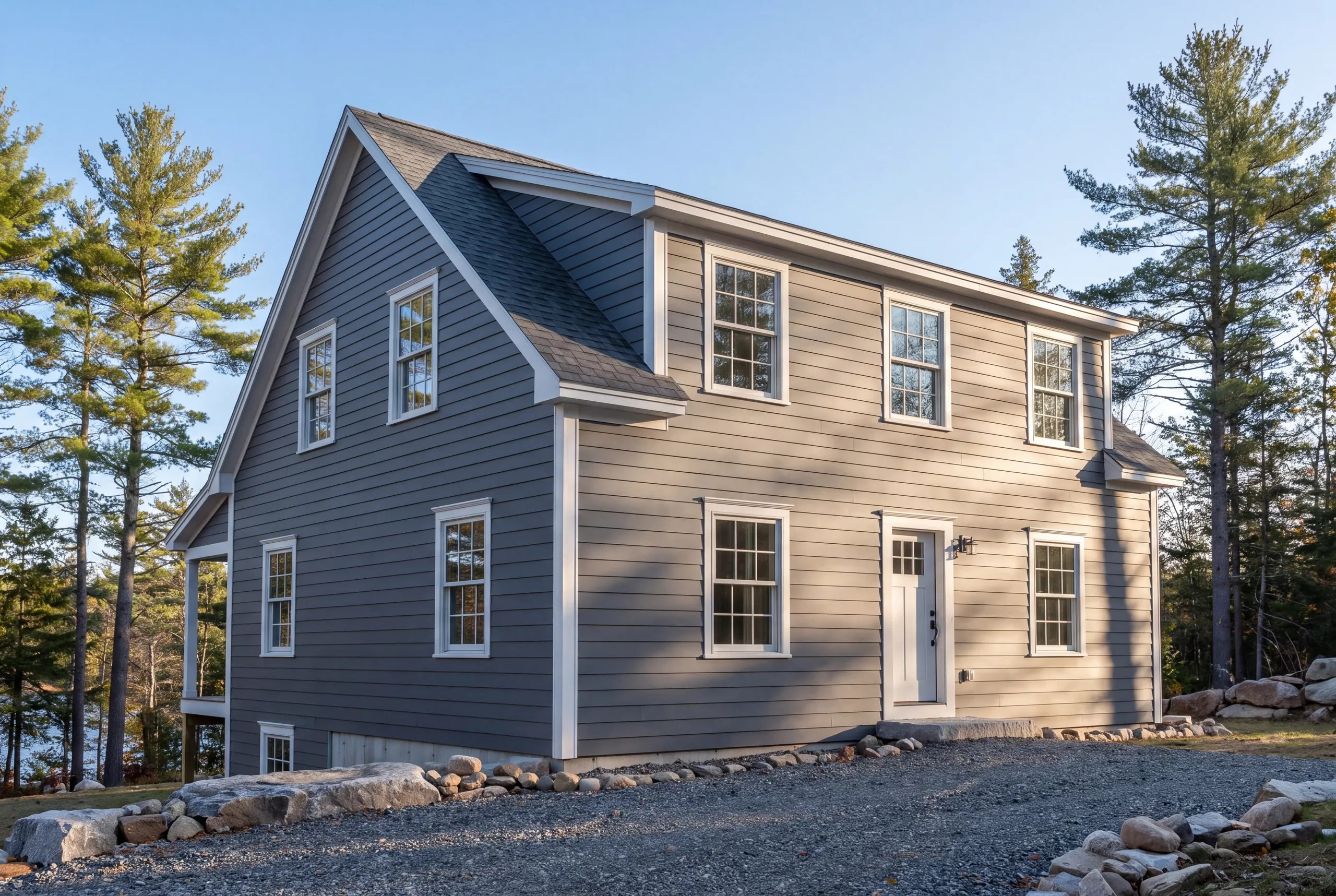 Siding installer Searsmont Maine: two-story gray lap-sided house on a sloped wooded lot with a walkout and gravel drive