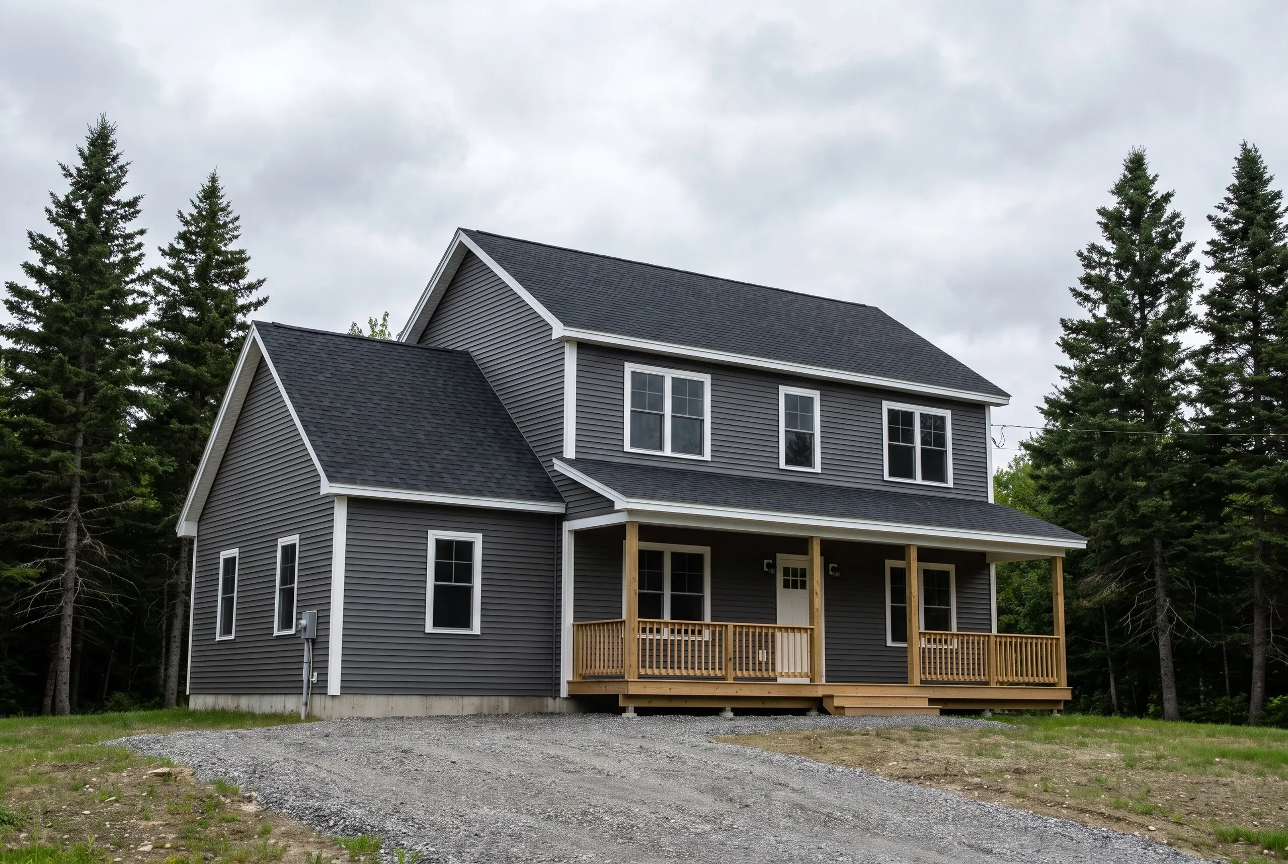 Exterior siding contractor Searsmont Maine: two-story gray lap-sided colonial with a wrap porch and gravel drive among tall spruces