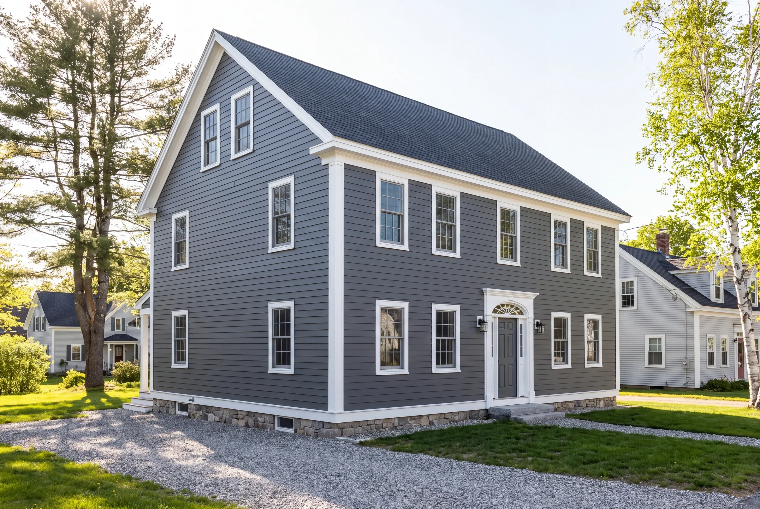 Siding contractor in Thomaston, ME: two-story gray lap-sided house with a fanlight door and fieldstone base among white village homes