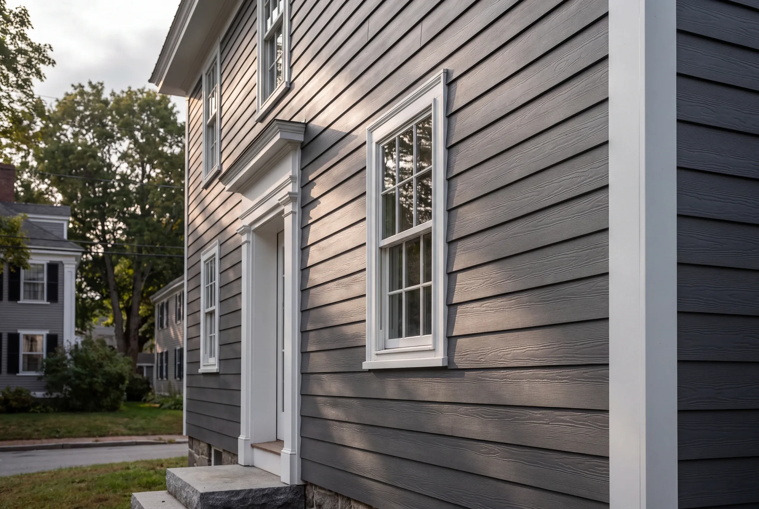 Siding installer Thomaston Maine: close angle on gray wood-grain lap siding, white window casing and a side door by a village street