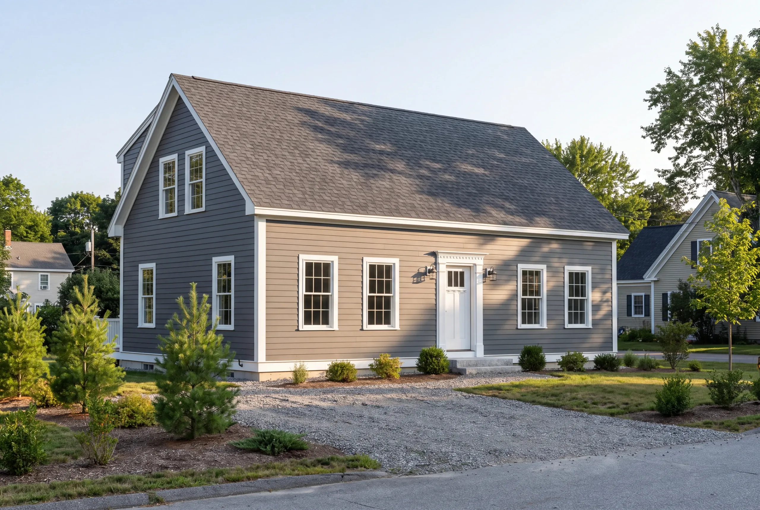 Exterior siding contractor Thomaston Maine: gray lap-sided cape with a white door and young pines facing a village street