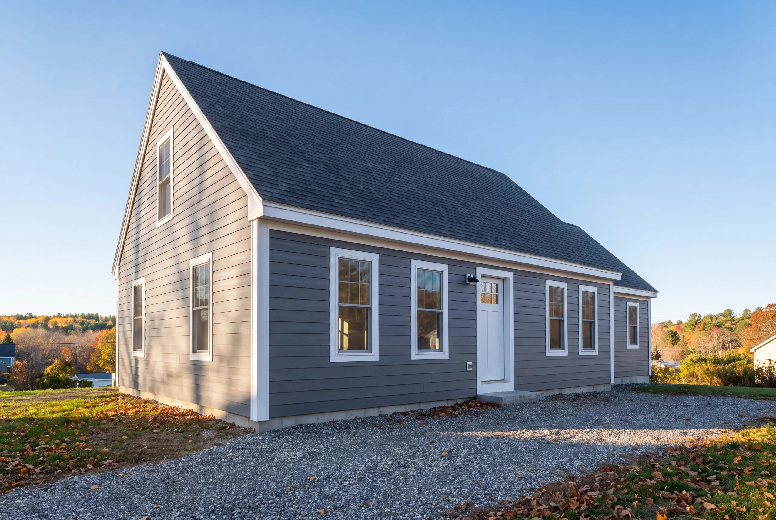 Siding contractor Thomaston Maine: long gray lap-sided cape with a white door and fall leaves on the gravel drive