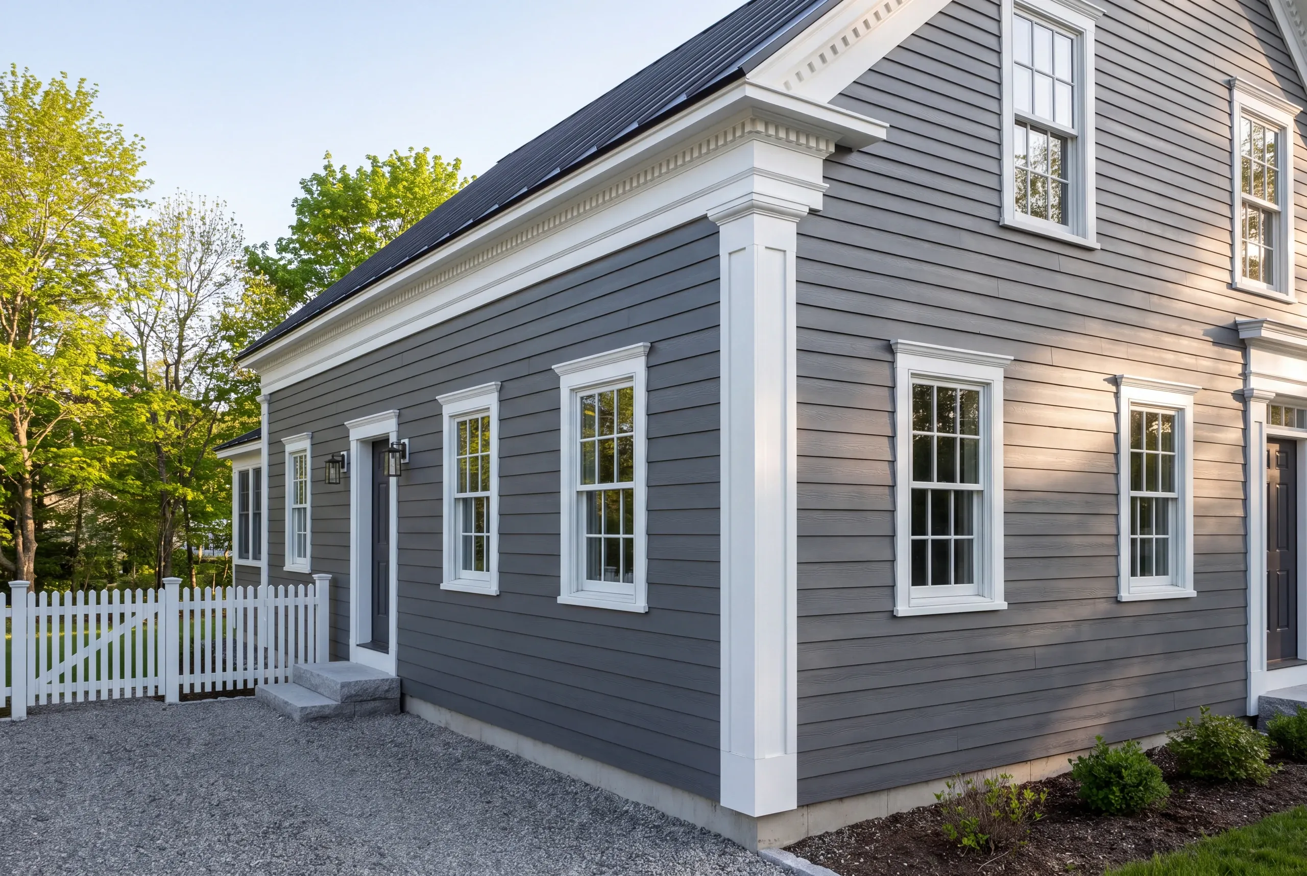 Siding installer Thomaston Maine: gray lap-sided Greek Revival corner with a wide white pilaster, dentil cornice and picket fence
