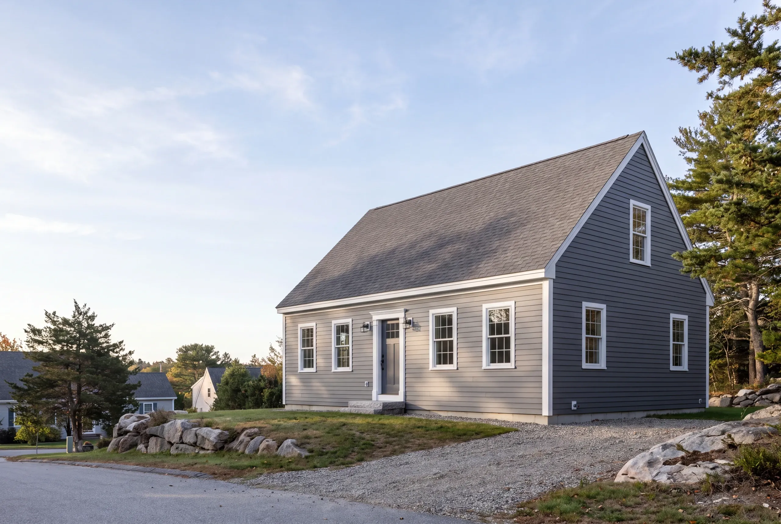 Exterior siding contractor Thomaston Maine: cape in gray lap siding on a corner lot with granite boulders and a gravel drive