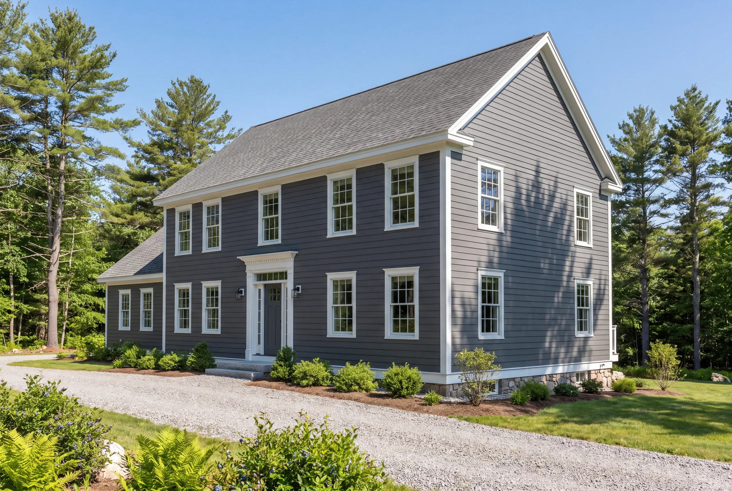 Siding contractor in Waldoboro, ME: two-story gray lap-sided colonial with a dentil door surround and fern beds along the gravel drive