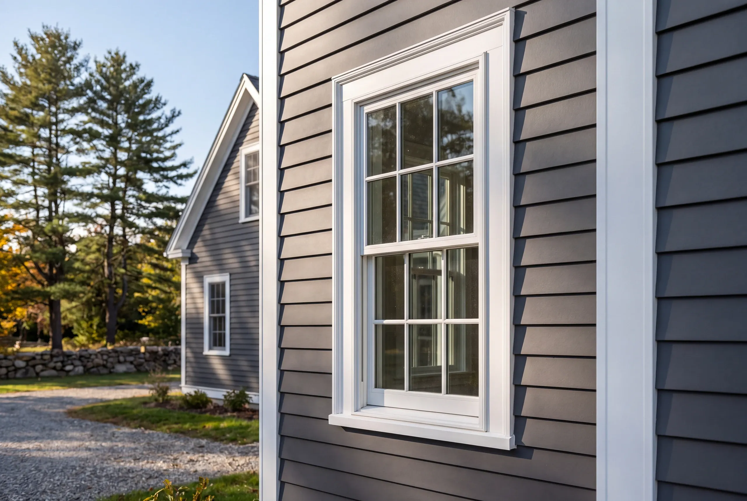 Siding installer Waldoboro Maine: close view of a white double-hung window and casing set in gray lap siding