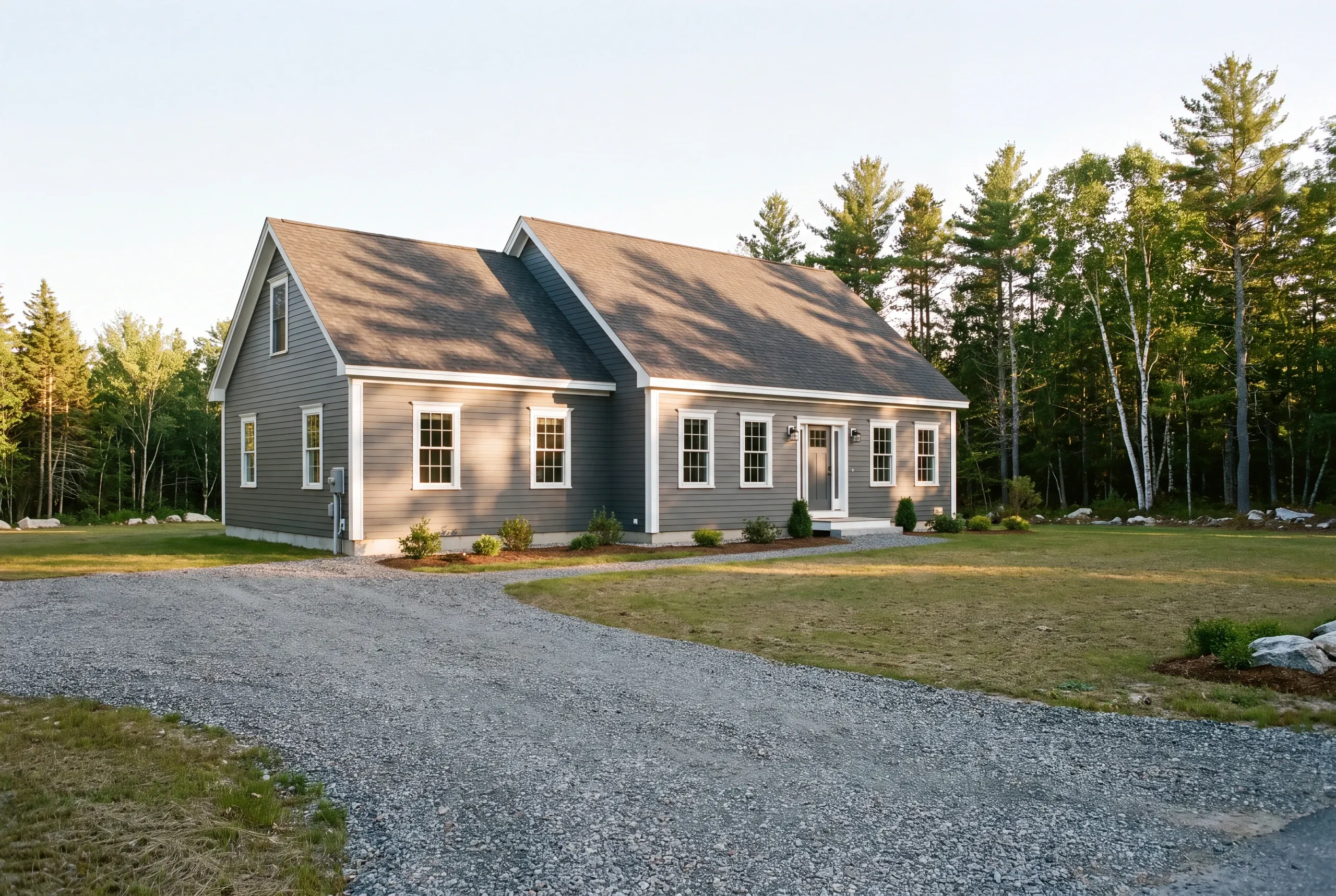Exterior siding contractor Waldoboro Maine: gray lap-sided cape with a joined second gable on a wide lawn edged by birch woods