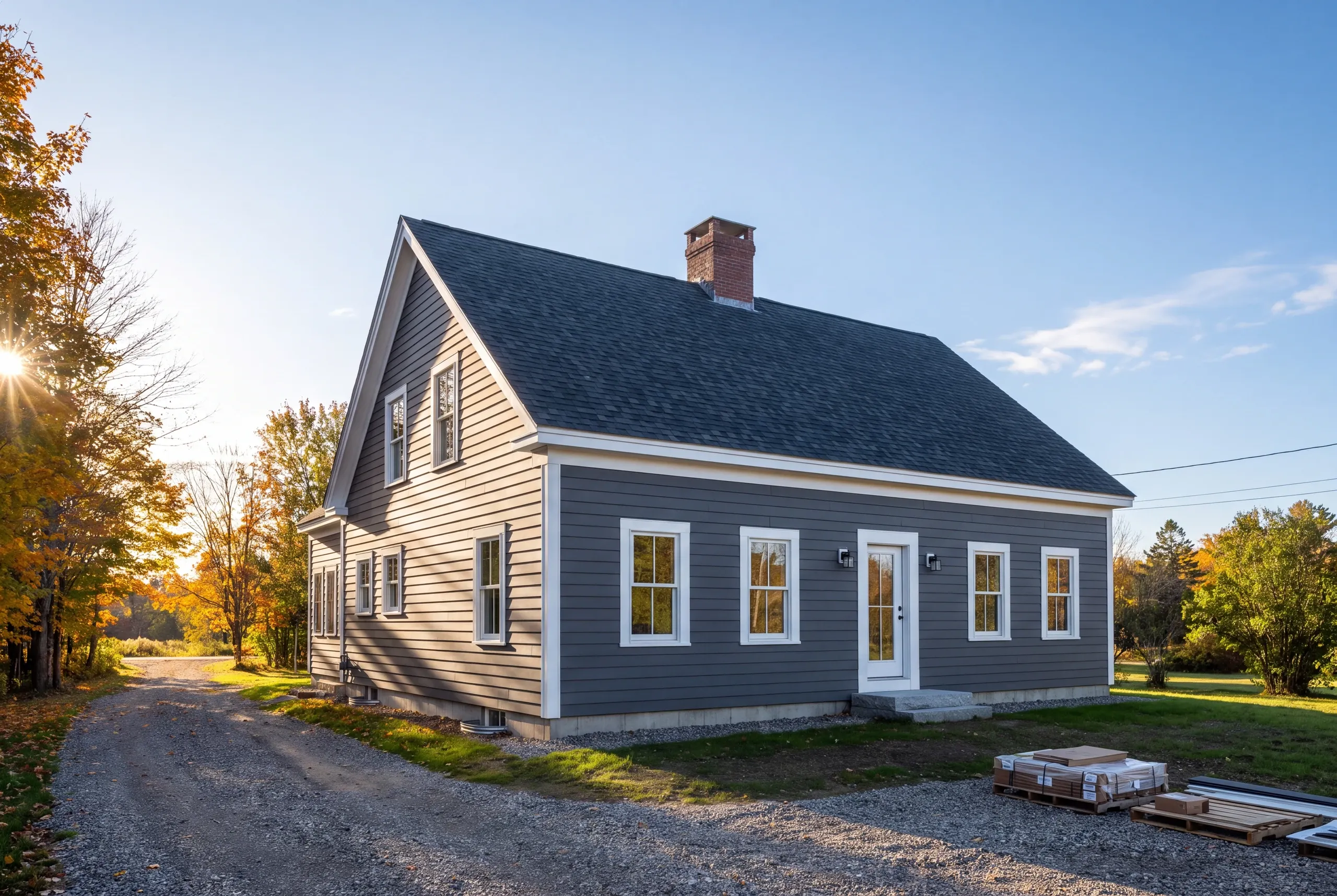 Siding contractor Waldoboro Maine: gray lap-sided cape with a brick chimney, fall foliage and pallets of material on the gravel drive