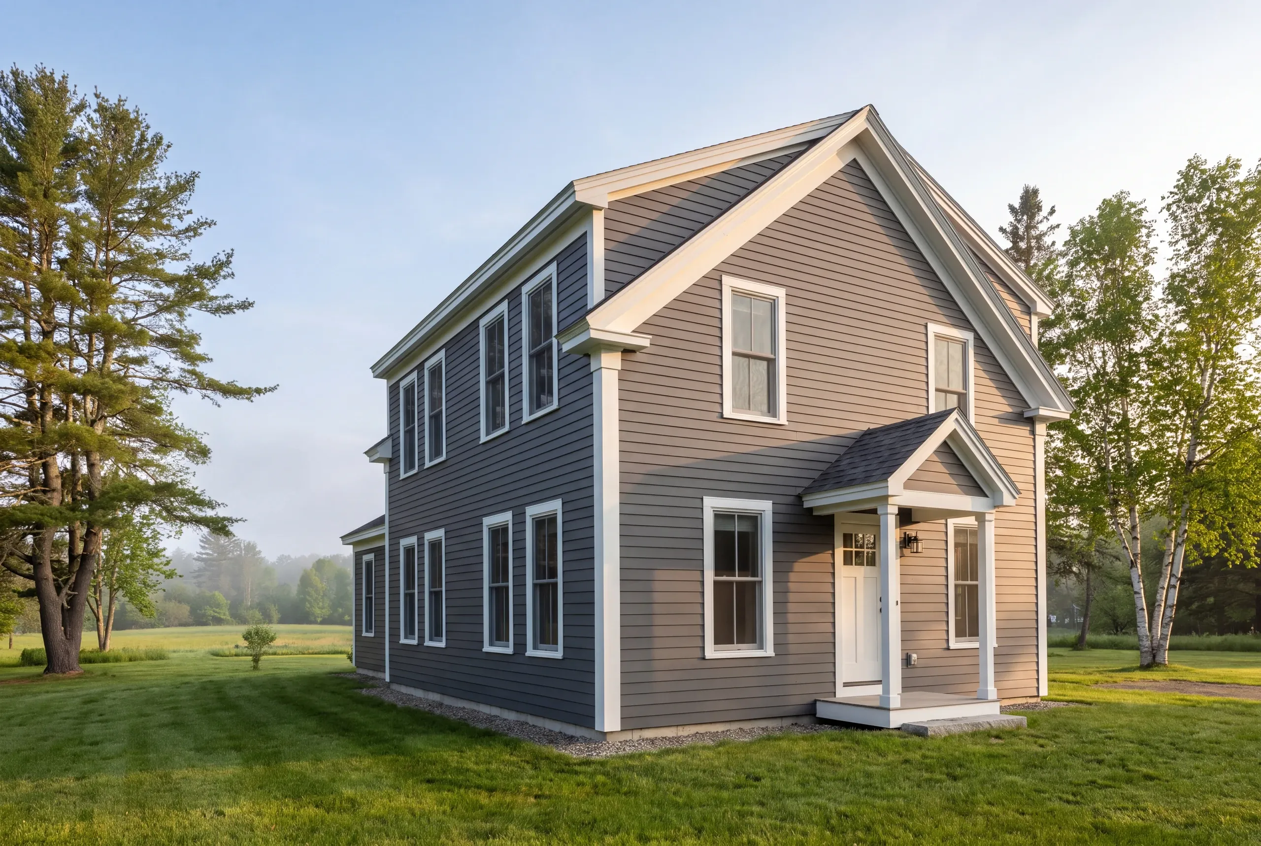 Siding installer Waldoboro Maine: two-story gray lap-sided farmhouse with a gabled entry hood on a mown meadow