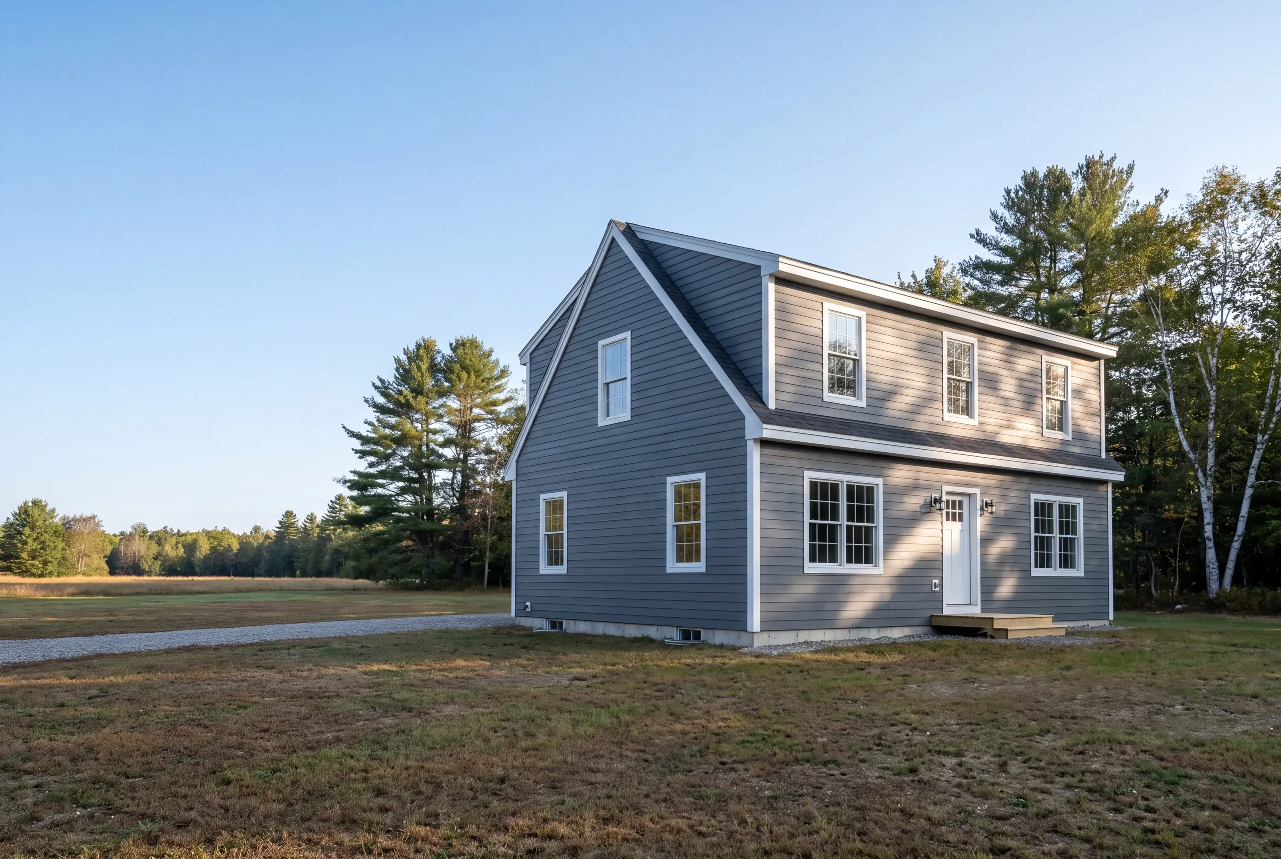 Exterior siding contractor Waldoboro Maine: gray lap-sided two-story house with a small wood entry step at the edge of an open field