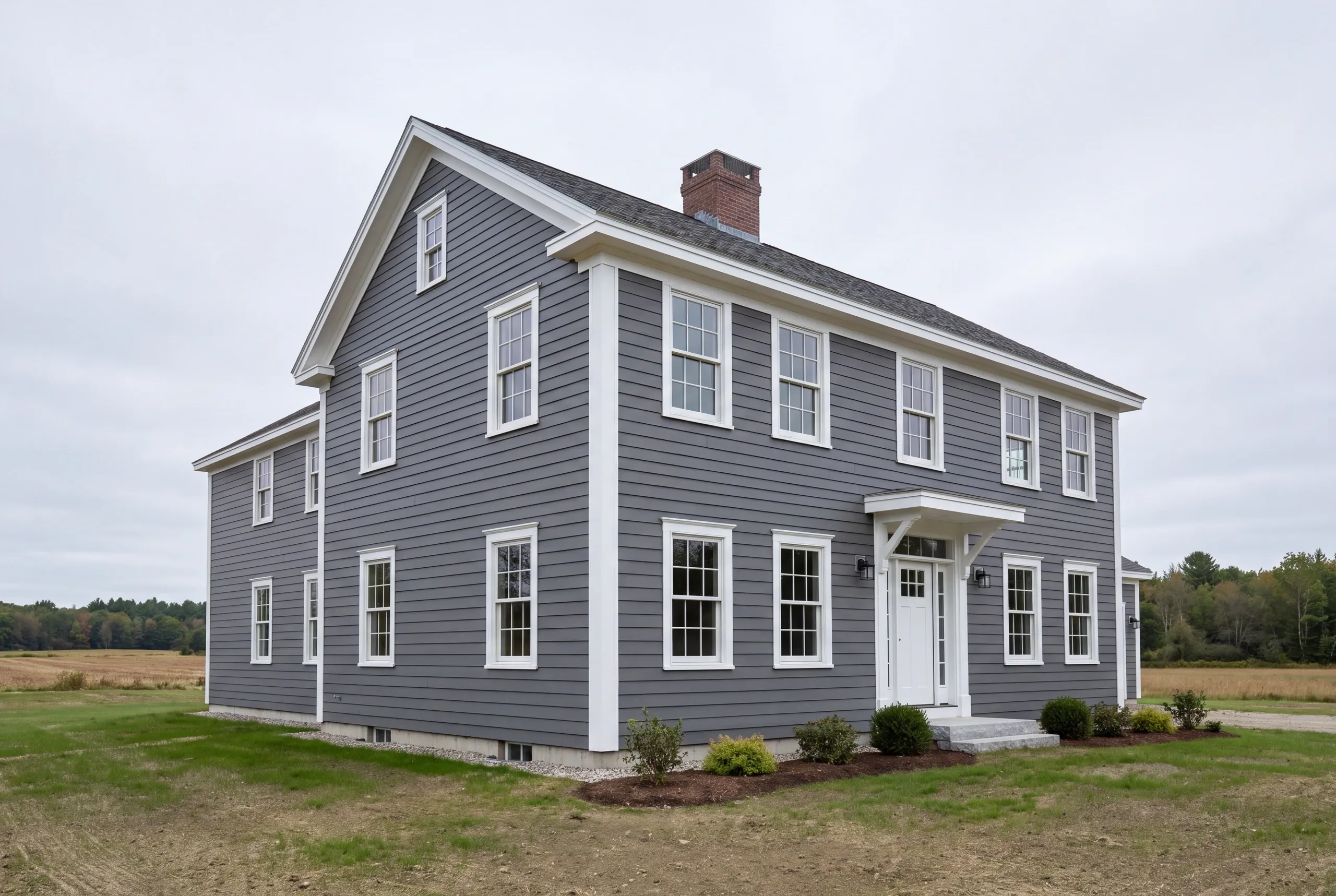 Siding contractor in Warren, ME: two-story gray lap-sided colonial with a brick chimney and bracketed door hood by an open field