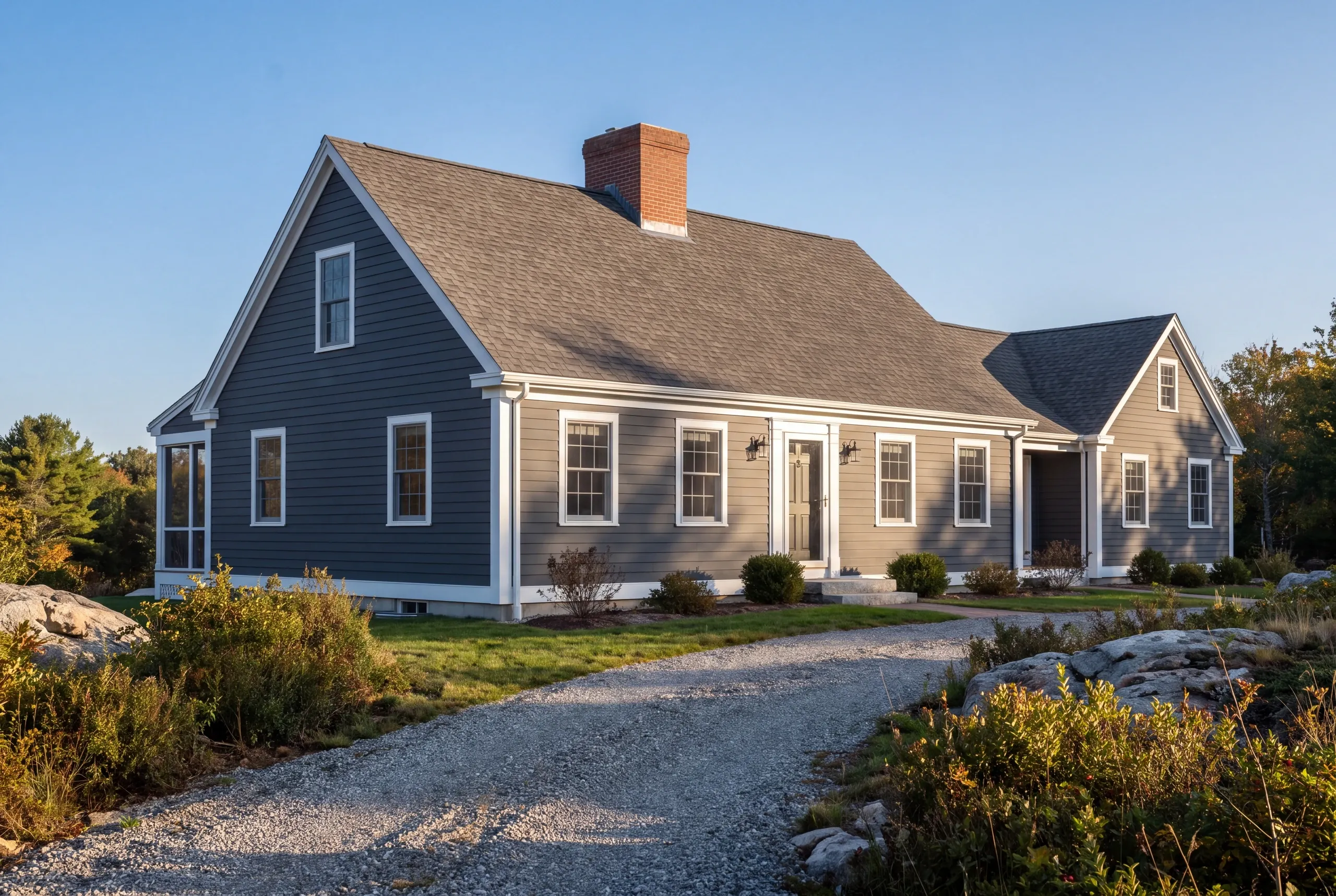 Exterior siding contractor Warren Maine: gray lap-sided cape with a brick chimney, connected ell and a gravel drive through ledge and brush
