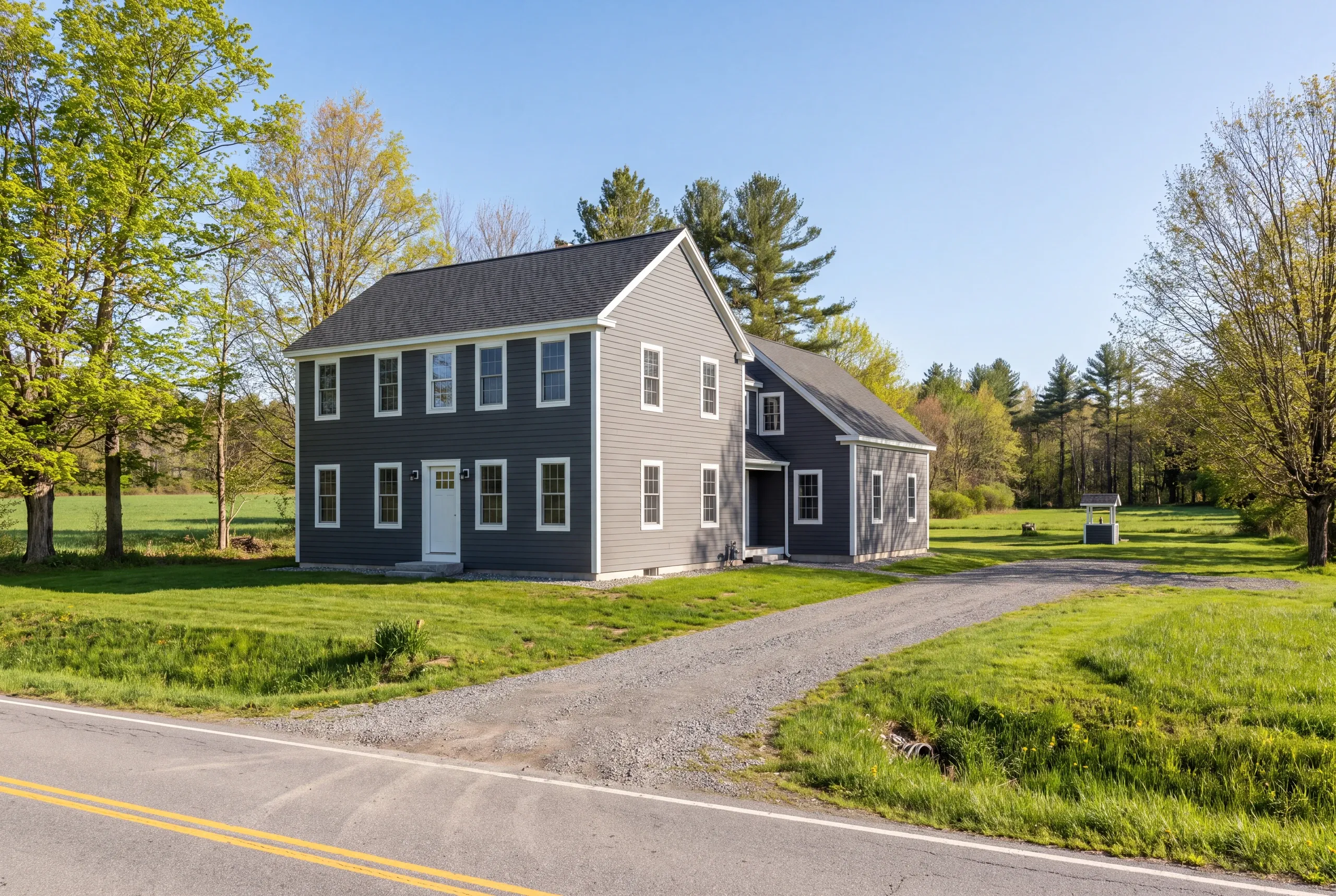 Siding contractor Warren Maine: two-story gray lap-sided colonial with a rear ell on a country road beside a green field