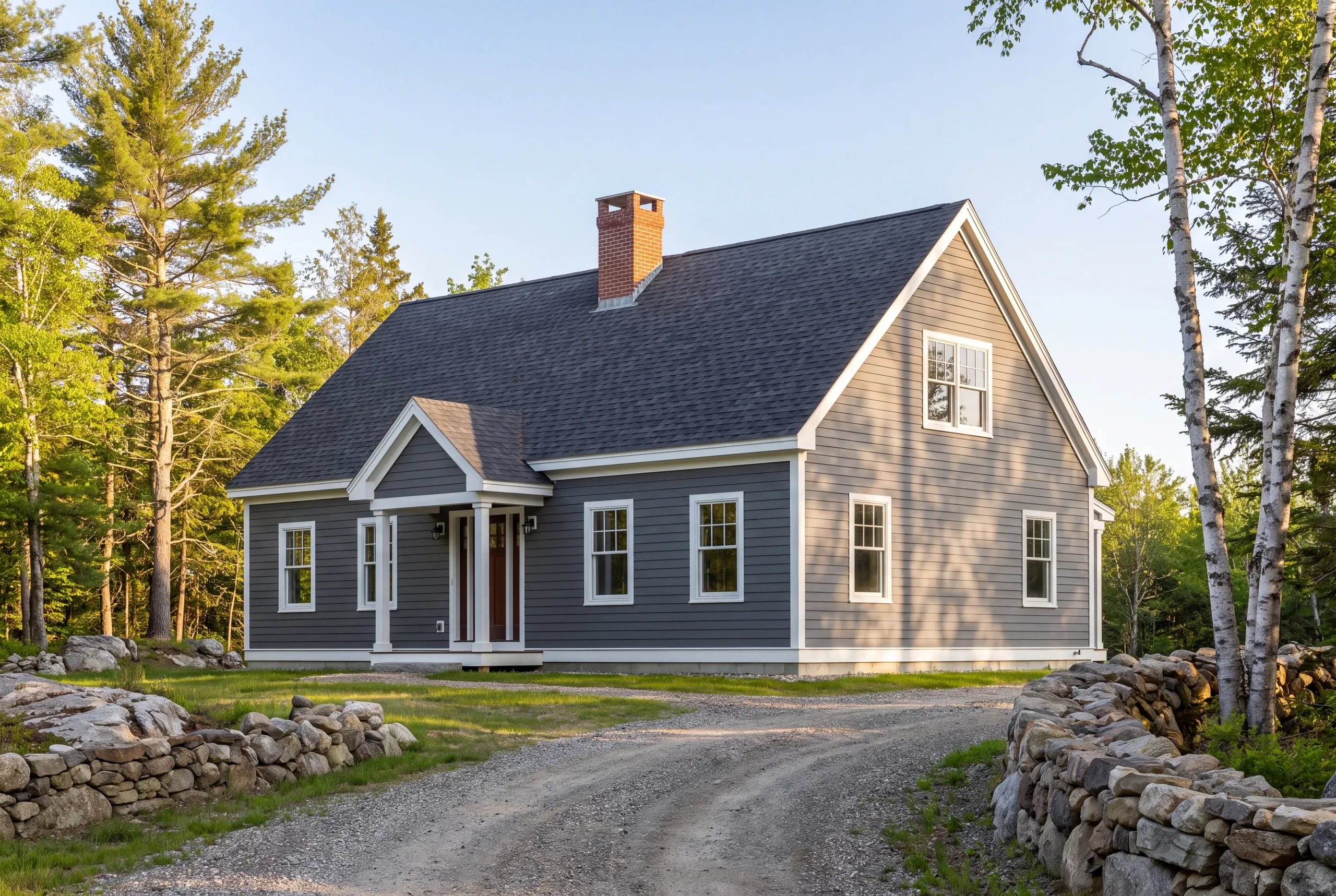 Siding installer Warren Maine: gray lap-sided cape with a columned entry and red door between dry stone walls