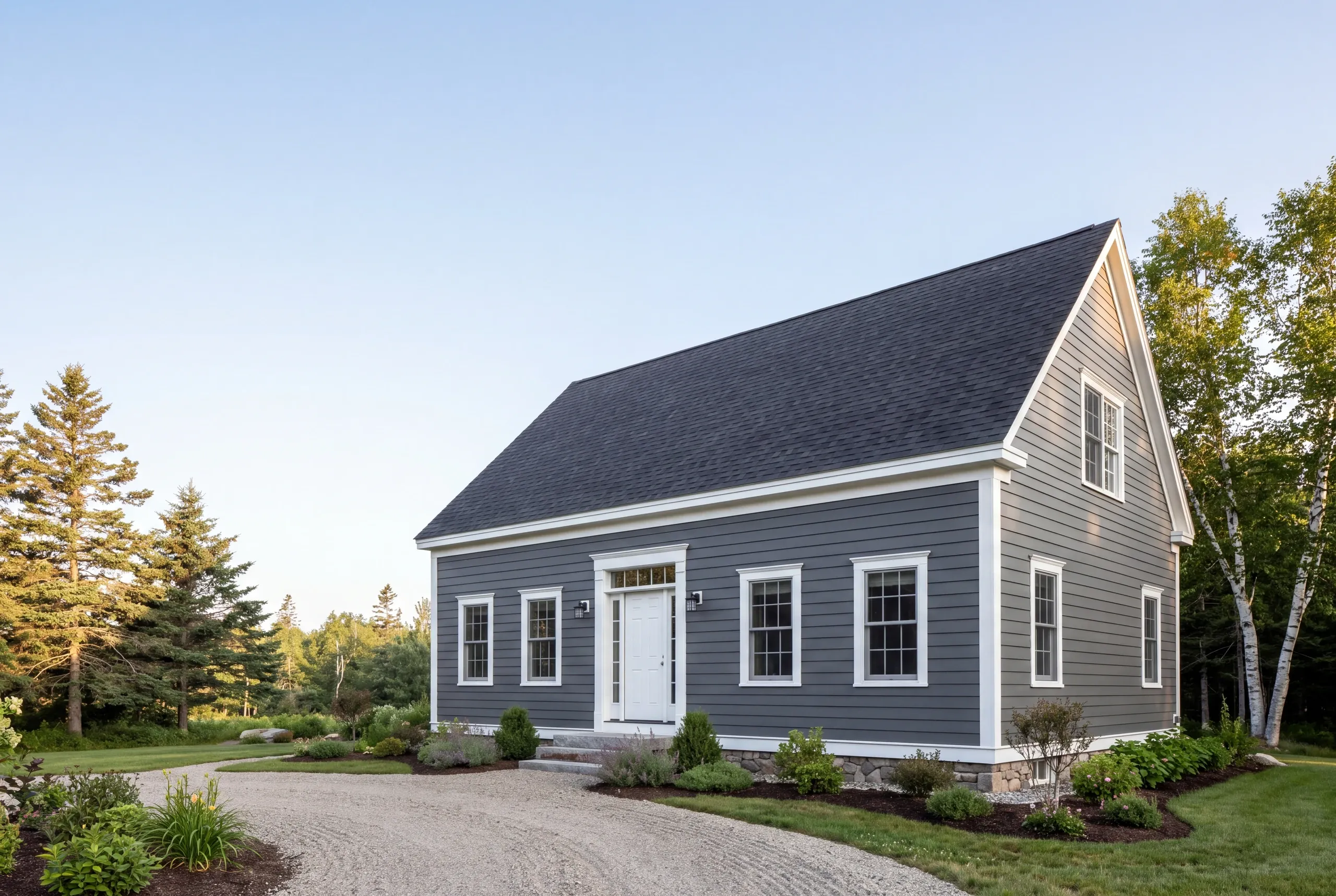 Exterior siding contractor Warren Maine: gray lap-sided cape with a transom door, stone foundation and planted beds by a gravel drive