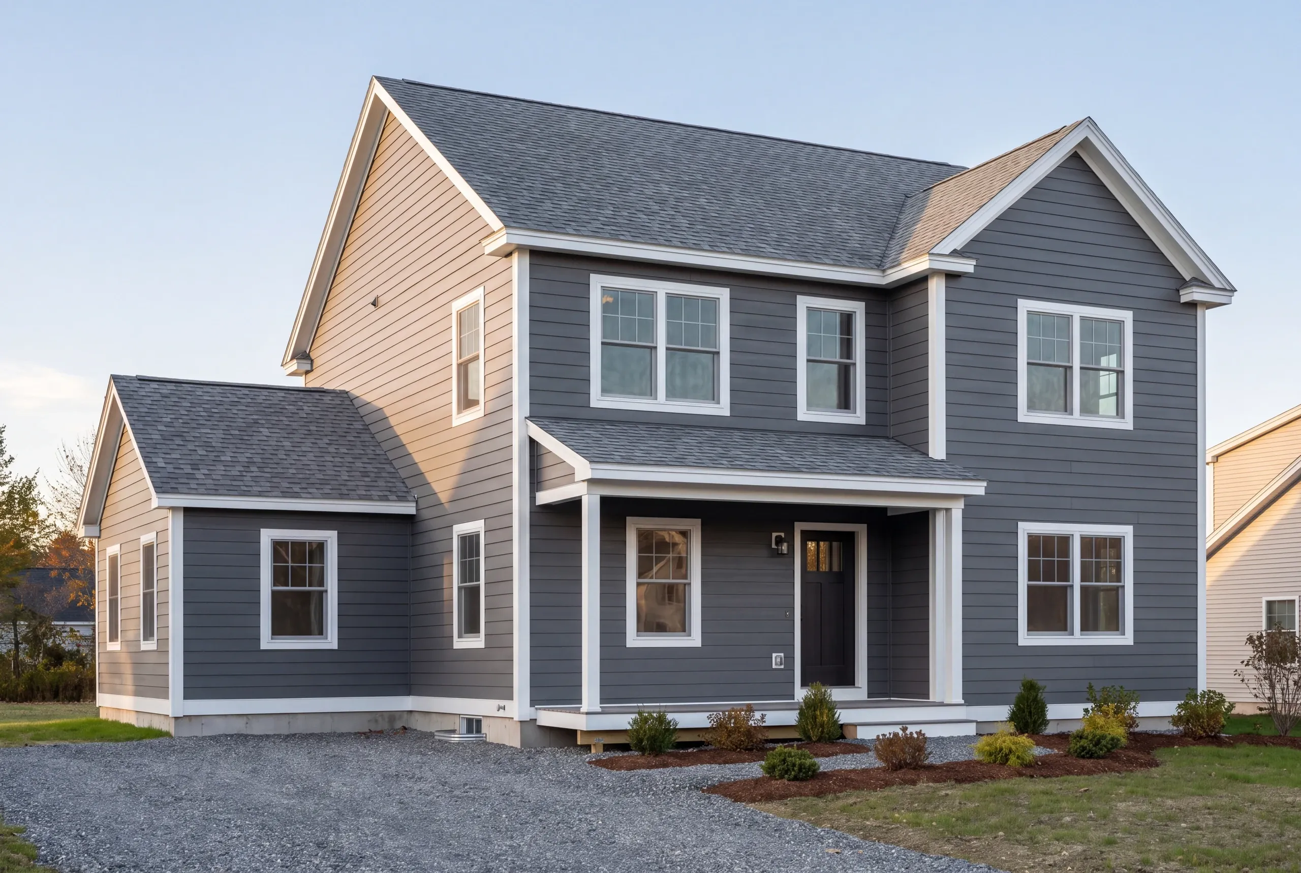 Siding contractor in Waterville, ME: two-story gray lap-sided house with a covered front porch, black door and one-story side ell