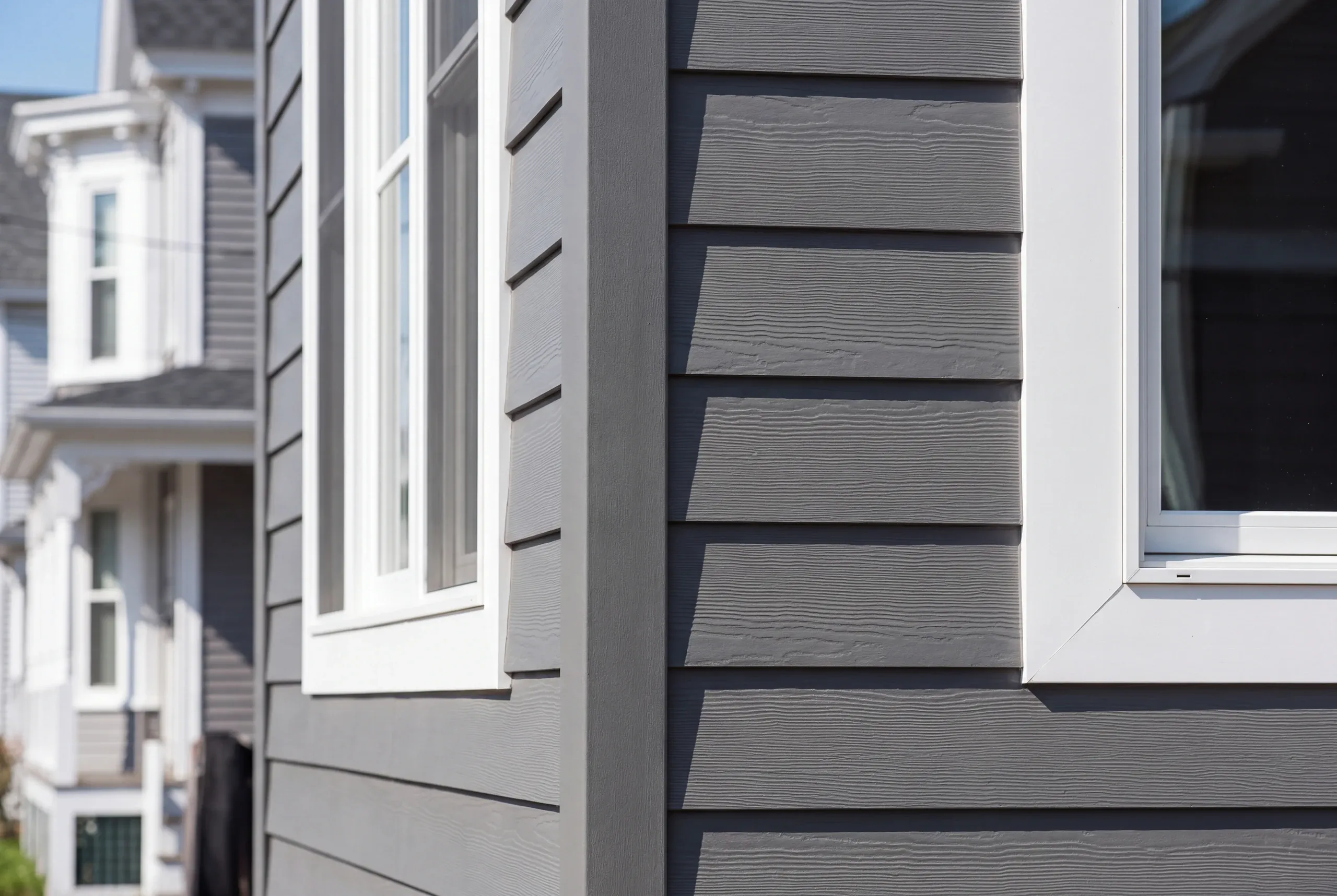Siding installer Waterville Maine: close view of dark gray wood-grain lap siding and white window trim on a neighborhood street