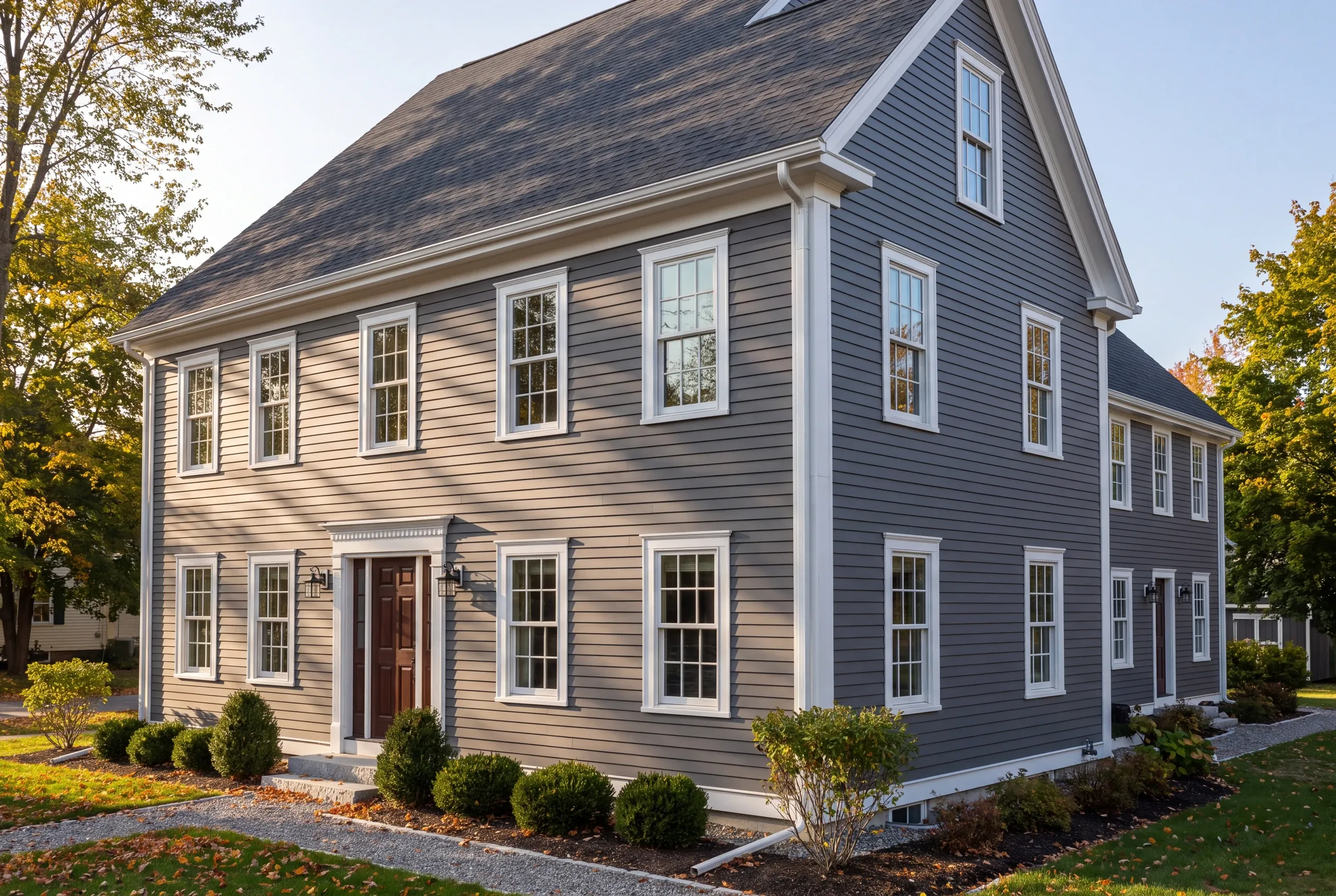 Siding contractor Waterville Maine: two-story gray lap-sided colonial with a dark red door, boxwood beds and fall leaves