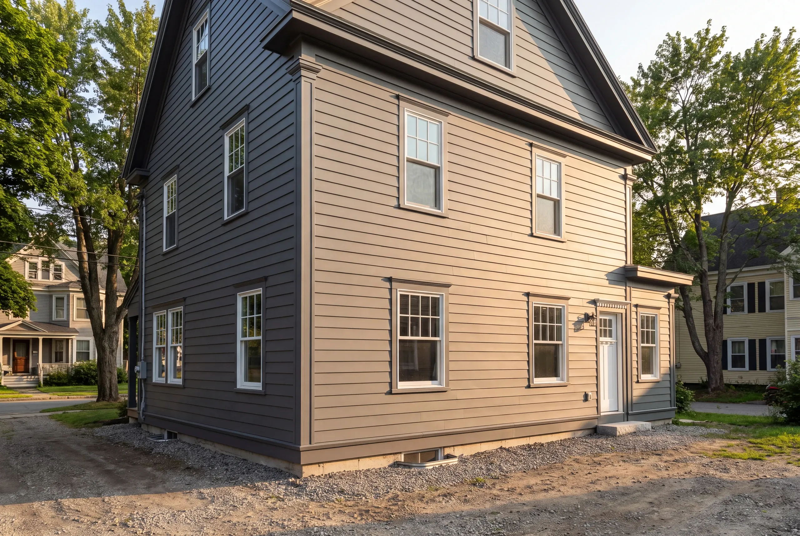 Siding installer Waterville Maine: two-story house with dark gray lap siding on one wall and tan lap siding on the next, dirt yard