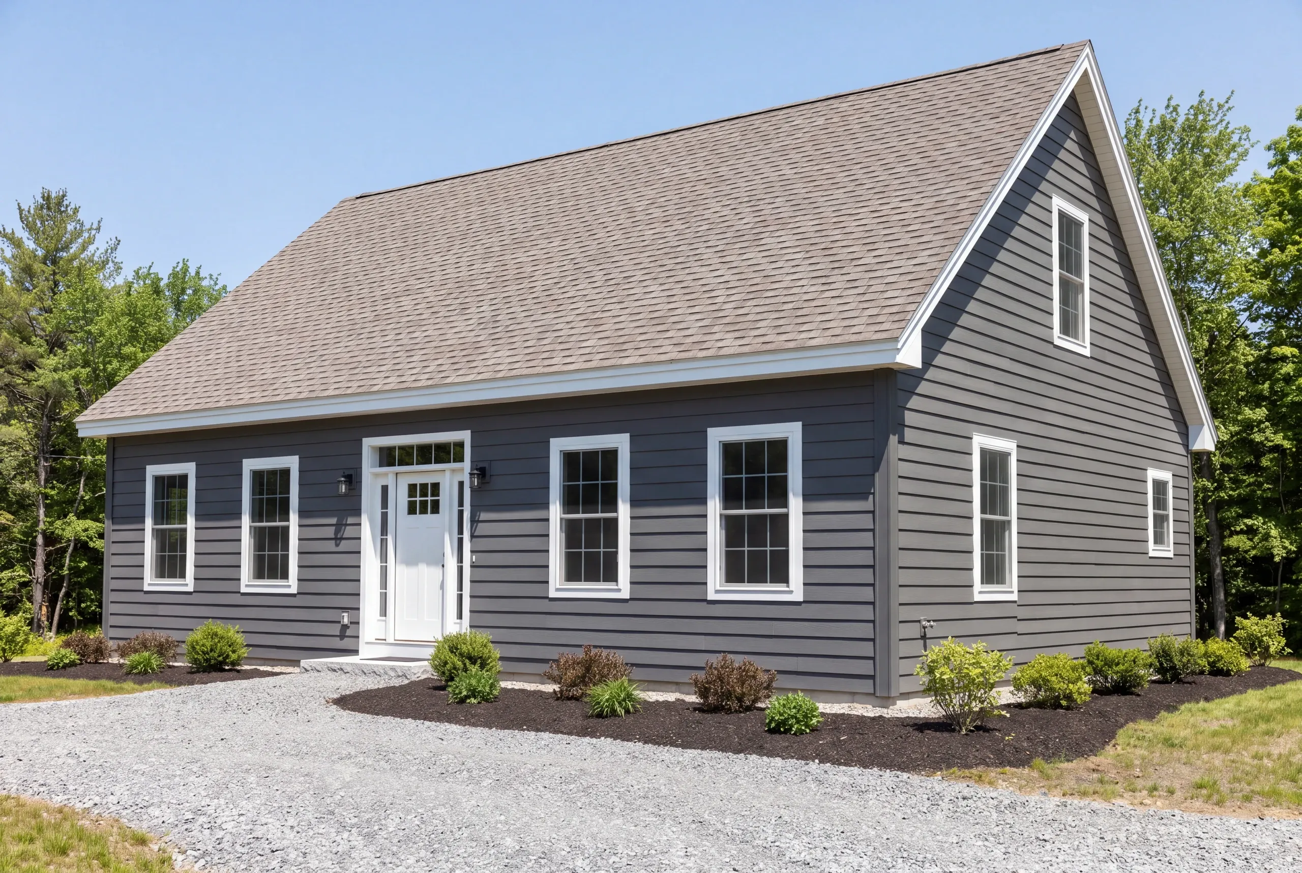Siding contractor in Windsor, ME: story-and-a-half house in dark gray lap siding with a tan shingle roof and mulched beds