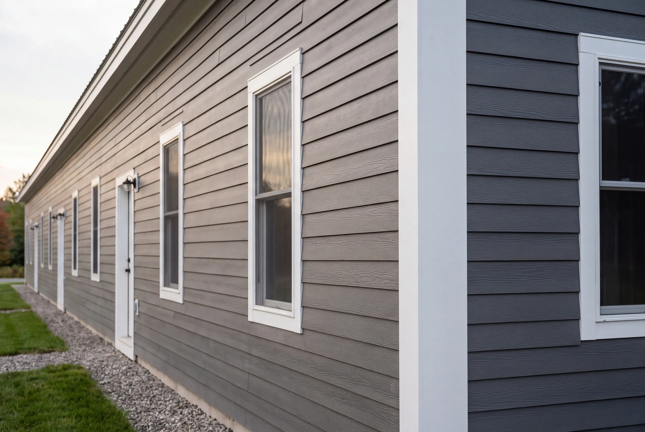 Siding installer Windsor Maine: long one-story wall in gray wood-grain lap siding with white windows and doors and a gravel strip