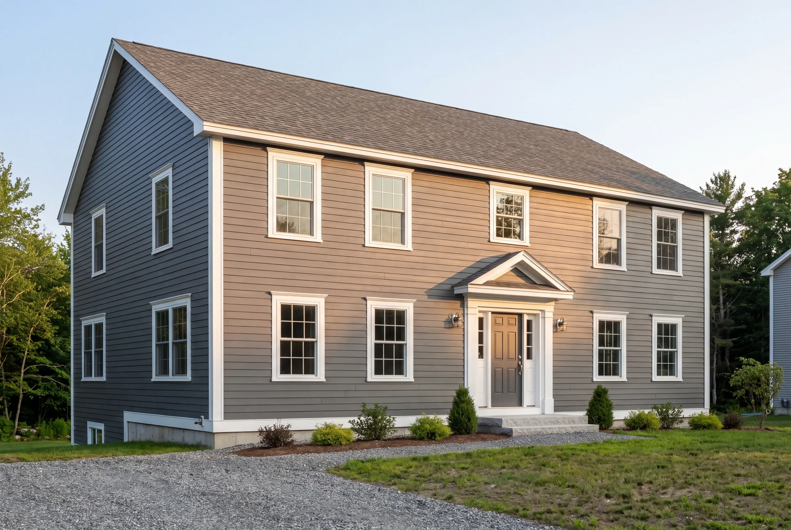 Exterior siding contractor Windsor Maine: two-story gray lap-sided colonial with a pedimented entry and walkout foundation on a lawn