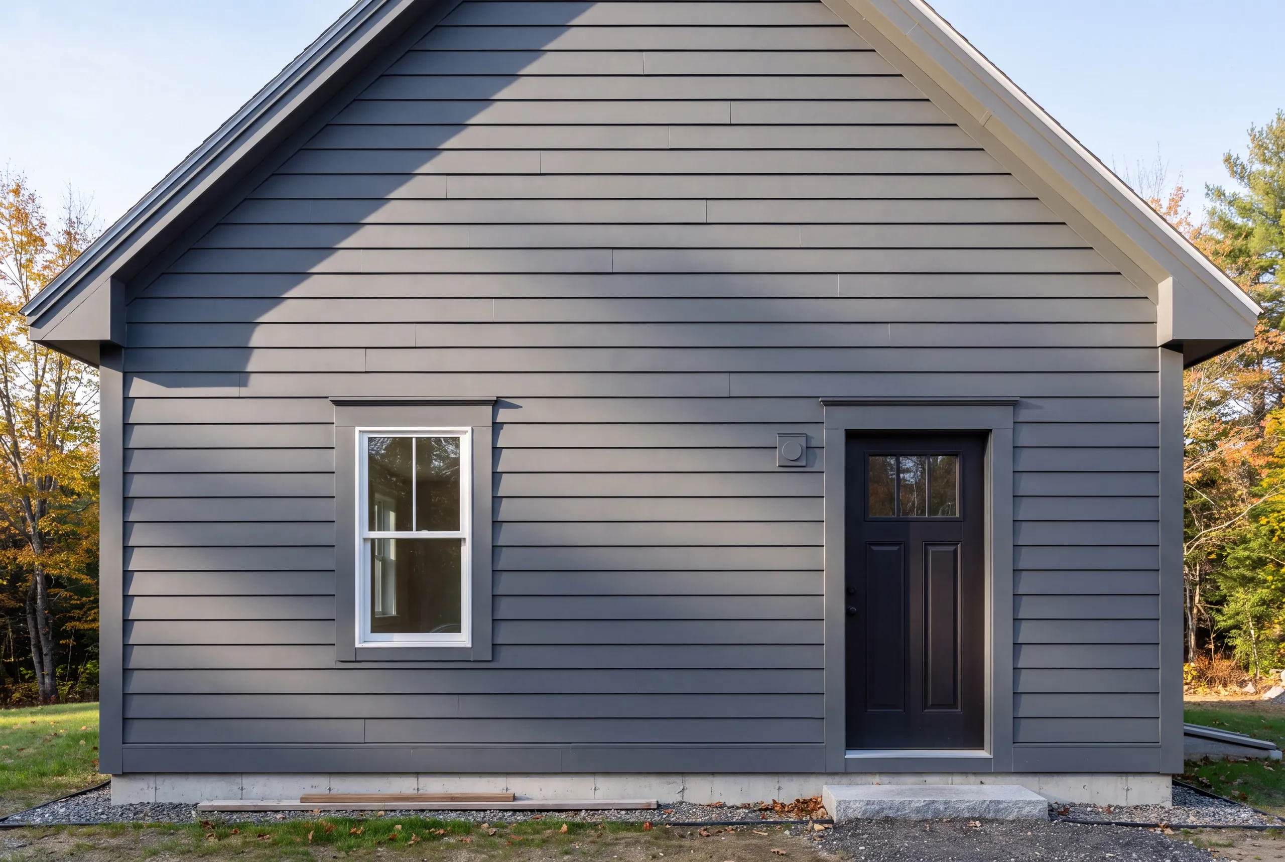Siding contractor Windsor Maine: gable end wall in gray lap siding with a black half-lite door, white window and vent