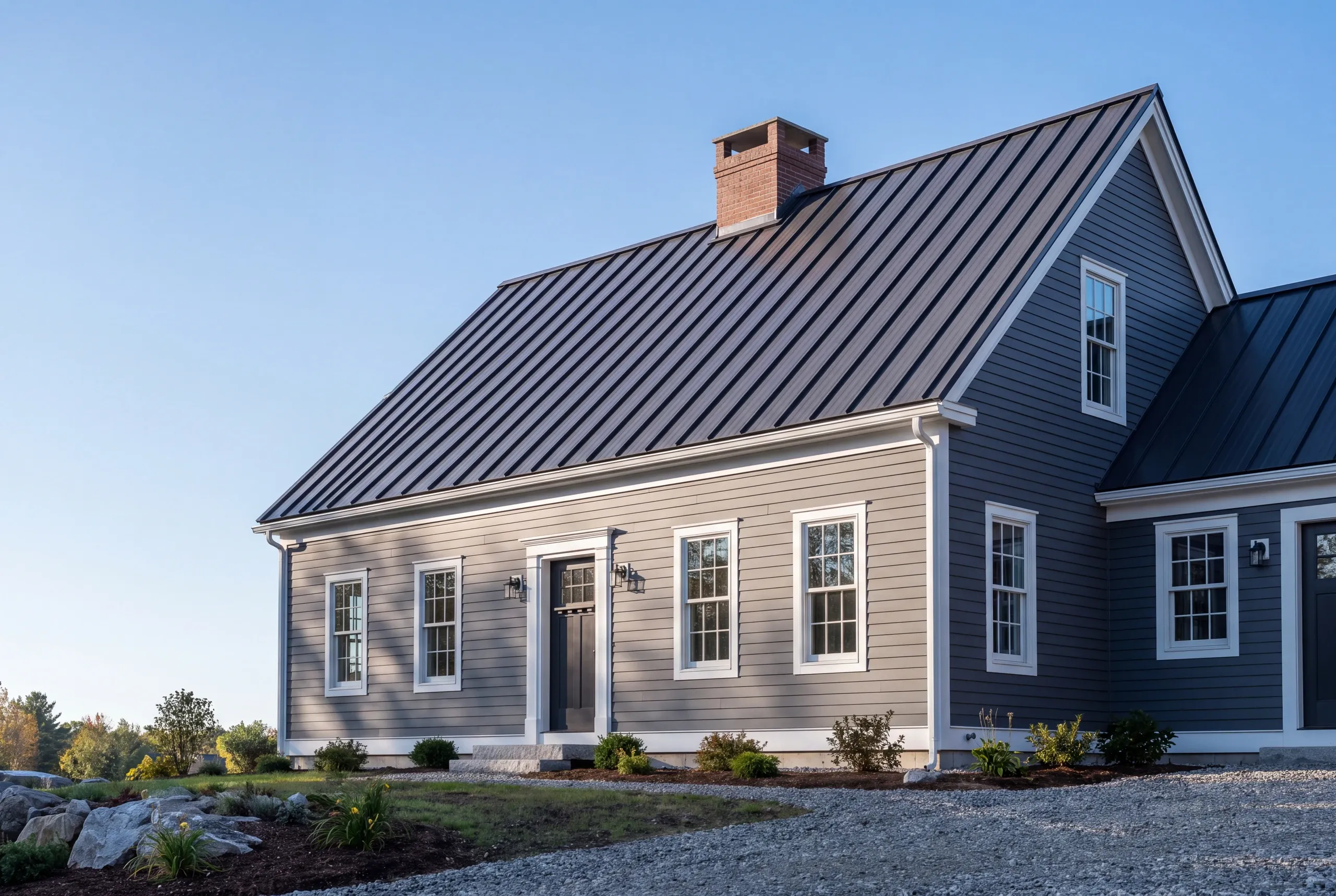 Siding installer Windsor Maine: gray lap-sided cape with a dark standing seam metal roof, brick chimney and boulder beds