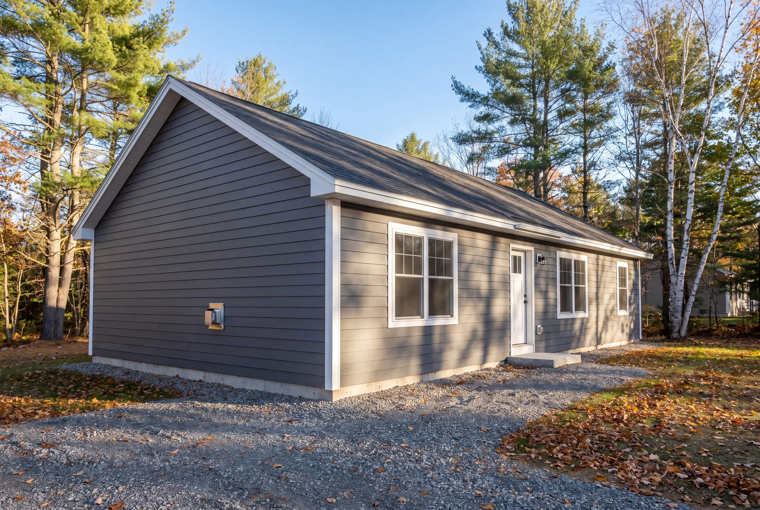 Siding contractor in Winslow, ME: one-story ranch in gray lap siding with a white door, electric meter and leaves on the gravel