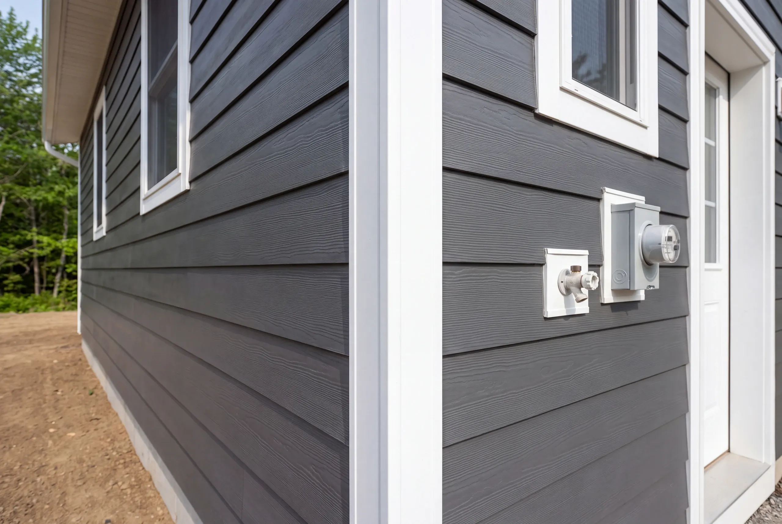 Siding installer Winslow Maine: dark gray wood-grain lap siding with an electric meter and hose bib on white mounting blocks