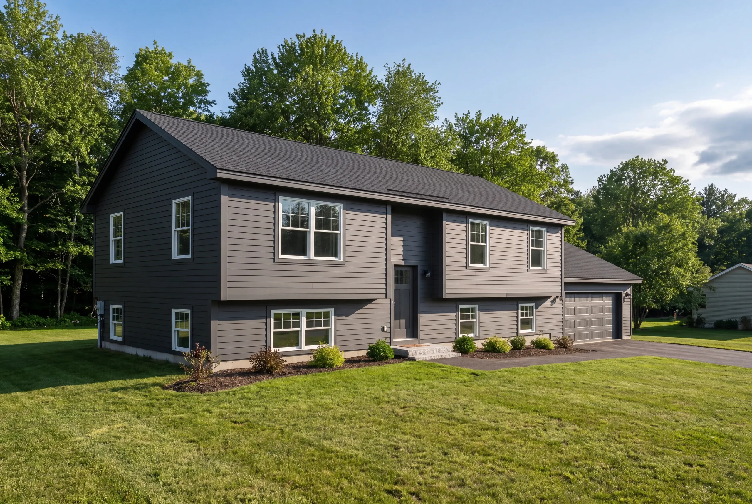 Exterior siding contractor Winslow Maine: split-level house in dark gray lap siding with an attached two-car garage and a wide lawn