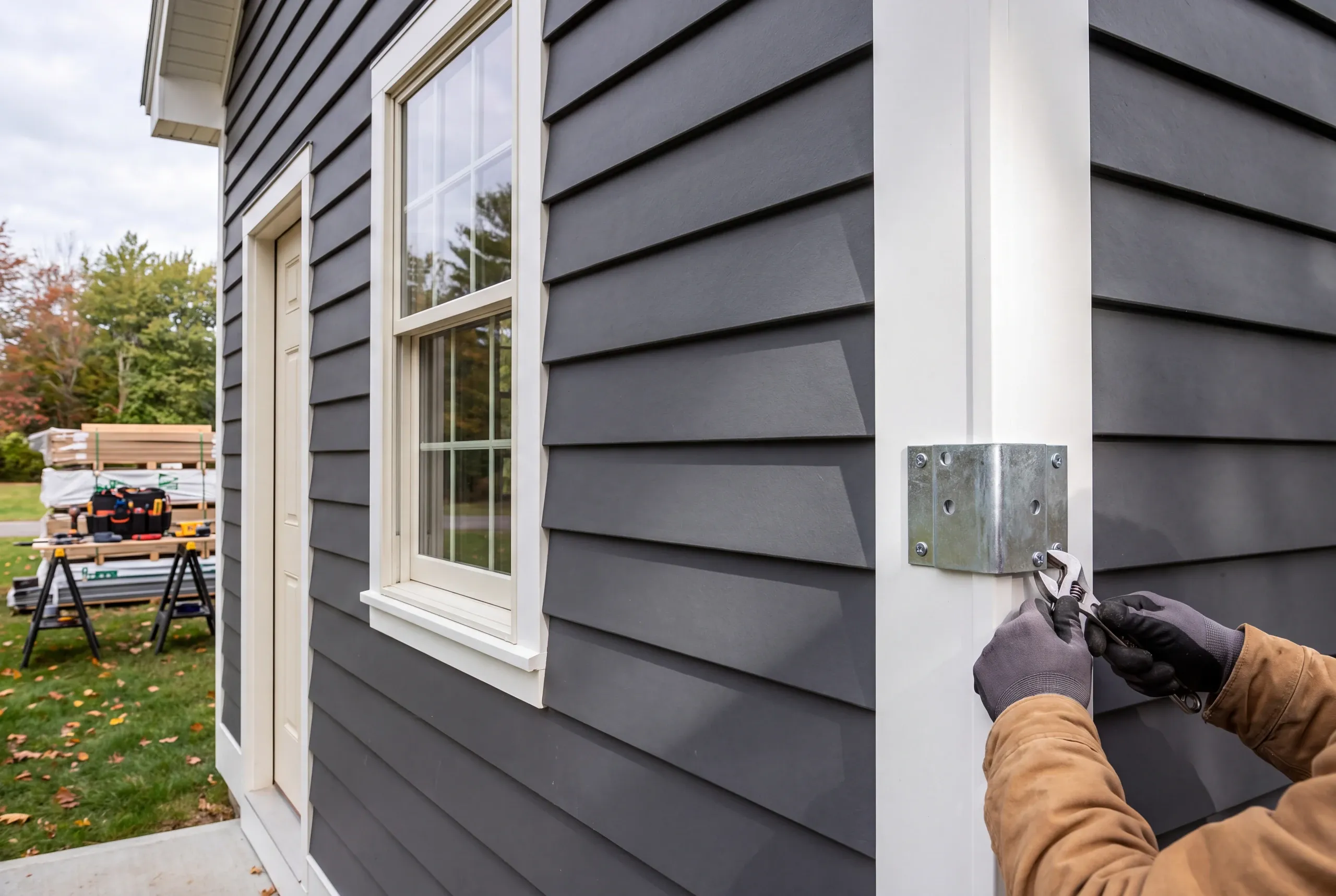 Siding contractor Winslow Maine: gloved hands tightening a galvanized bracket on a white corner board against dark gray lap siding