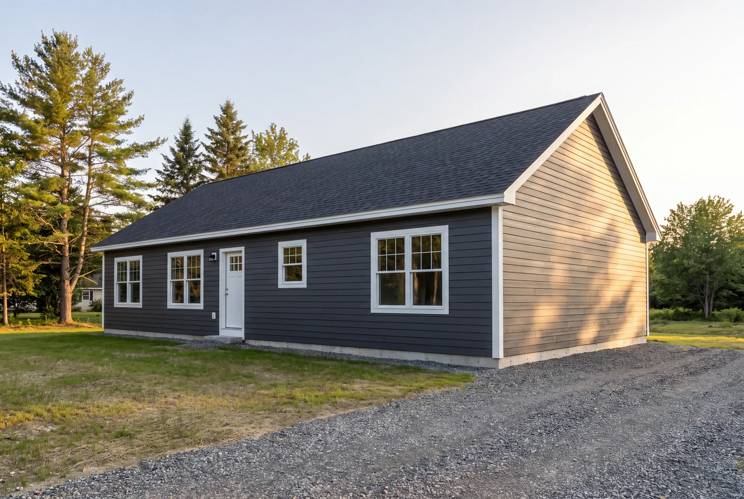 Siding installer Winslow Maine: long one-story ranch in dark gray lap siding with a sunlit gable end and a gravel drive