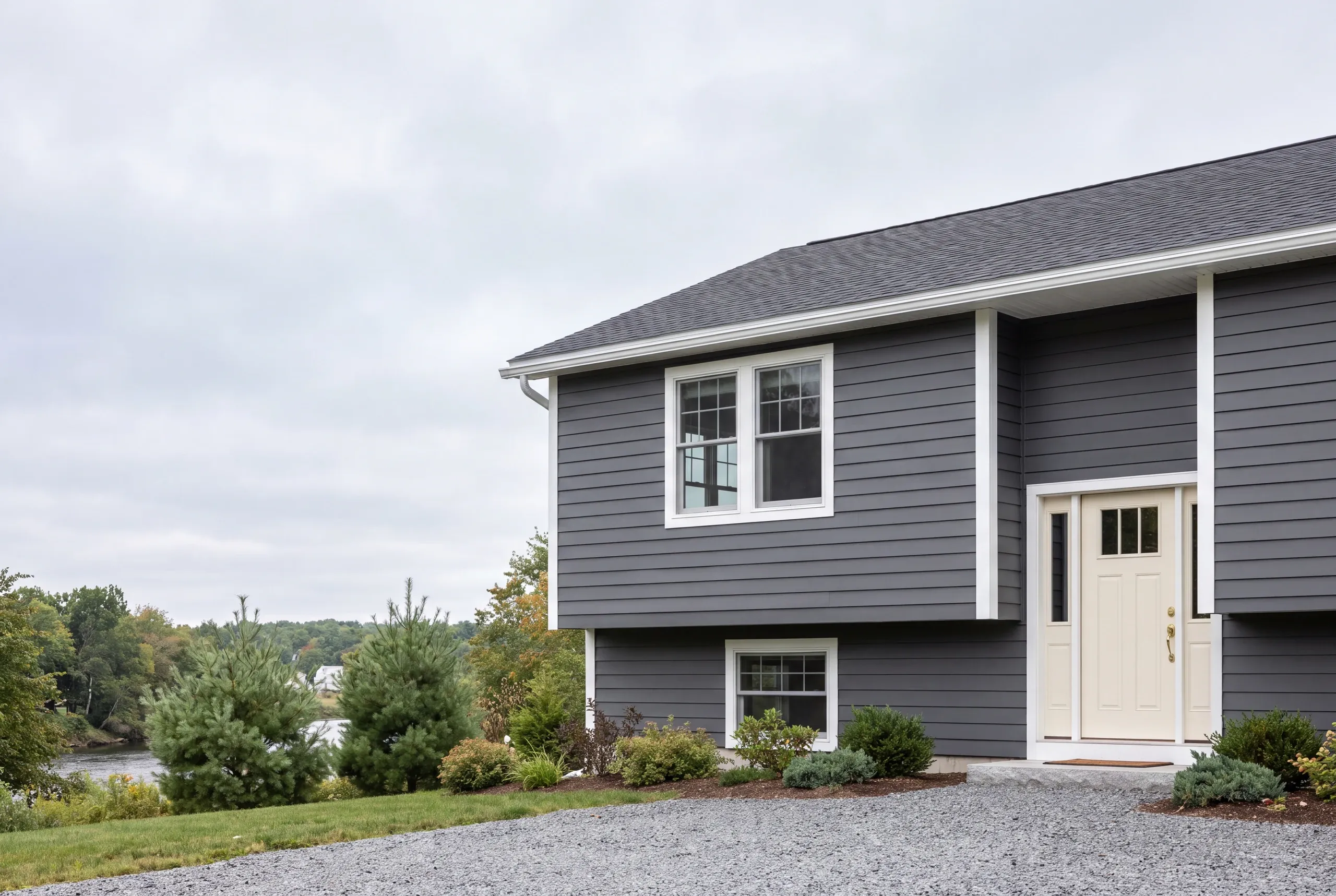 Exterior siding contractor Winslow Maine: split-entry front in dark gray lap siding with a cream door and a river view beyond
